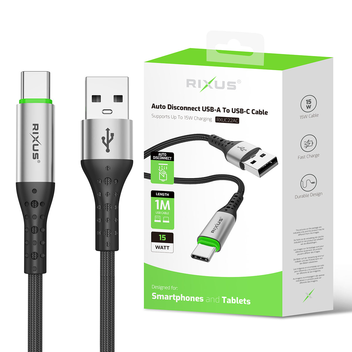 Rixus RXUC22AC Auto Disconnect USB-A Naar USB-C Kabel Zwart