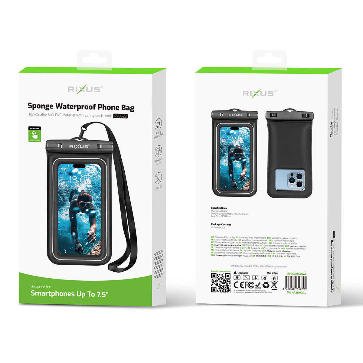 Rixus RXBG22 Spons Waterdichte Telefoontas Zwart