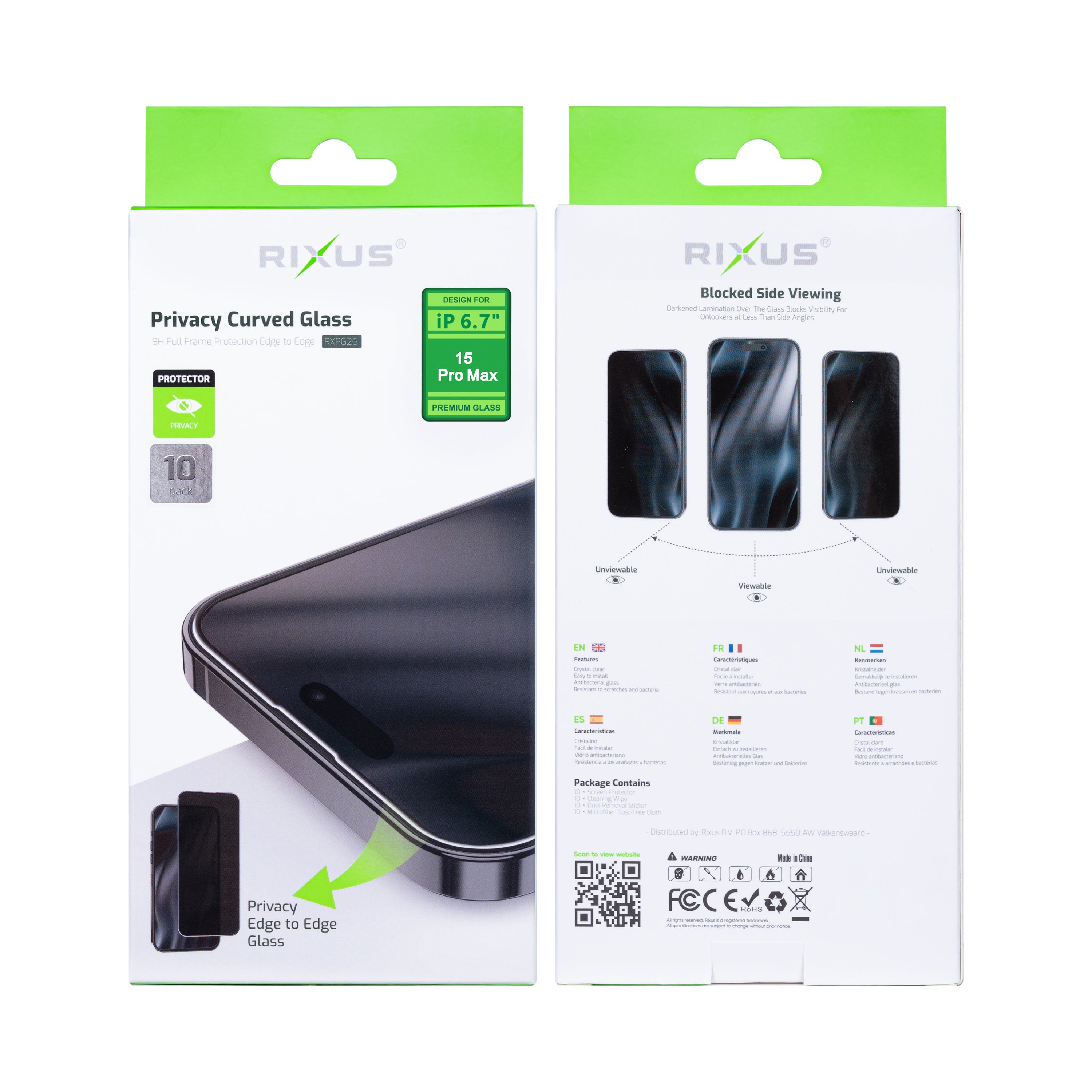 Rixus Privacy Volledig Gebogen Rand Tempered Glass For Apple iPhone 15 Pro Max (10-Pack)
