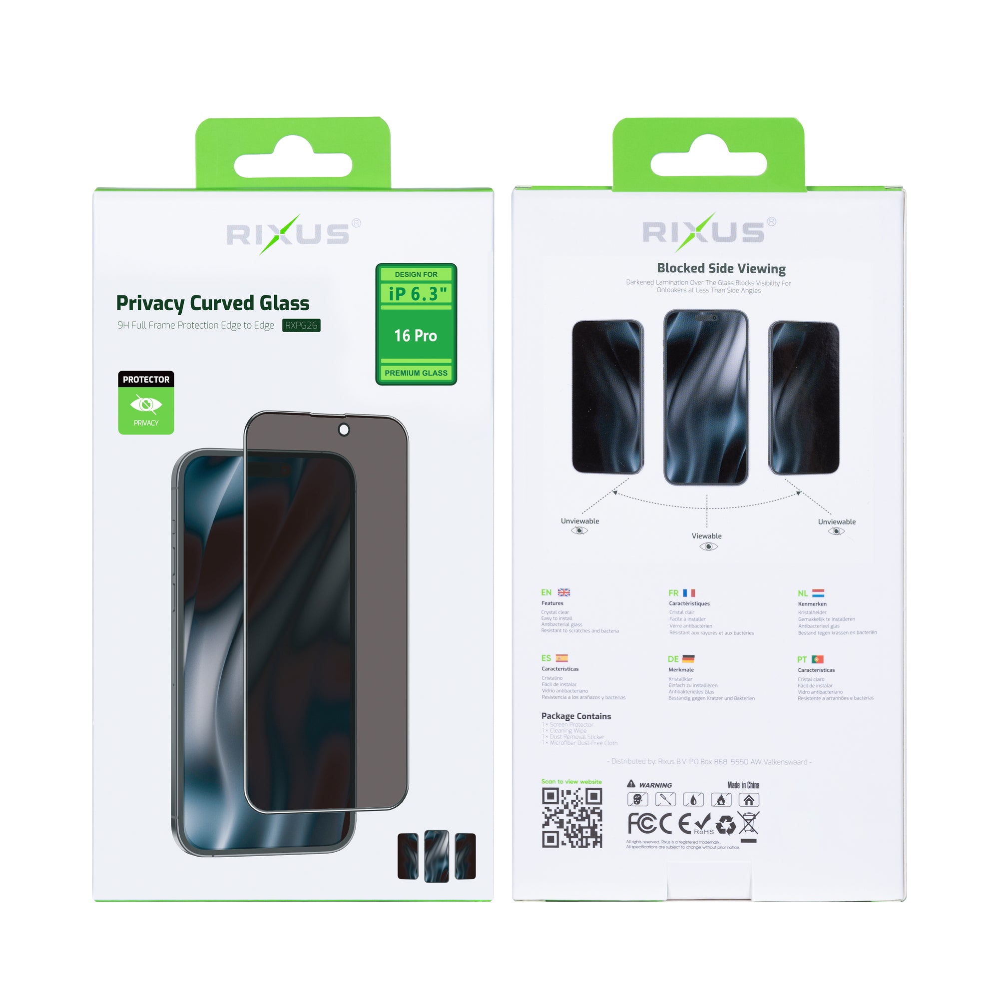 Rixus Privacy Volledig Gebogen Rand Tempered Glass For Apple iPhone 16 Pro