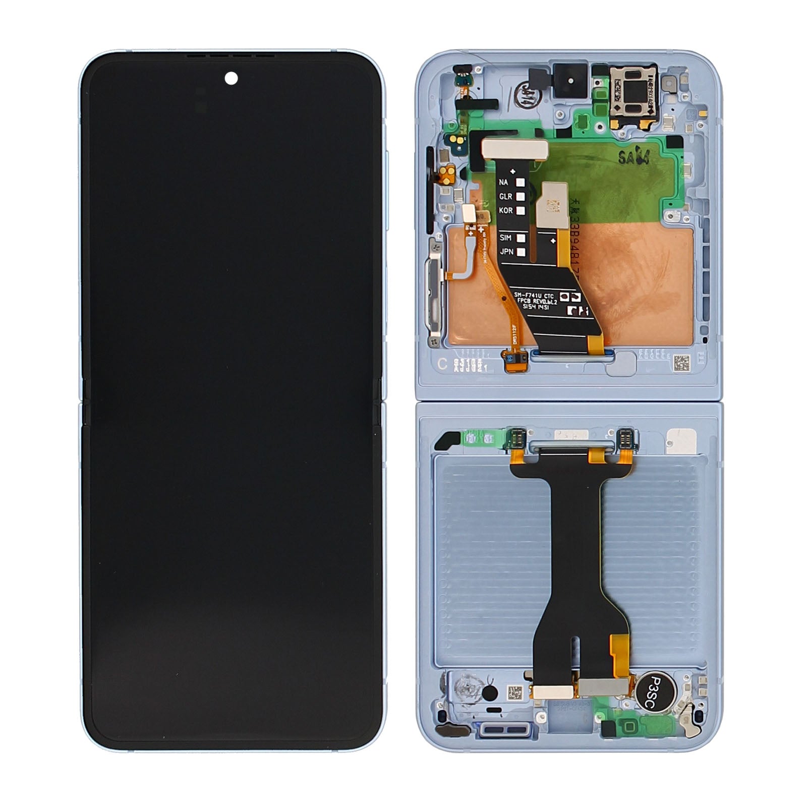 Samsung Galaxy Z Flip6 F741B Hoofdscherm en digitizer met frame blauw servicepakket