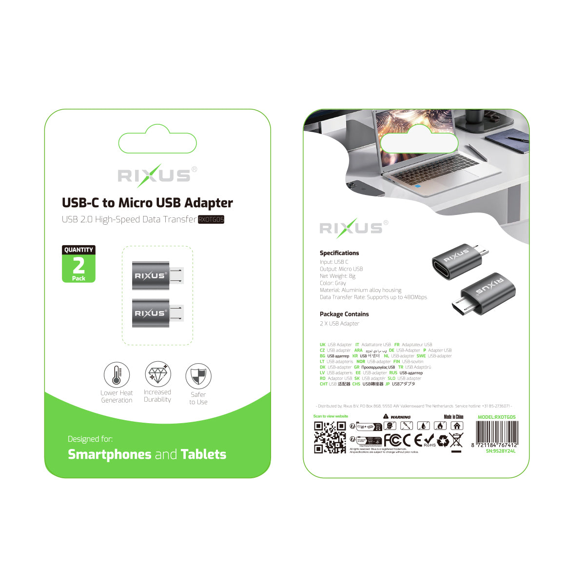 Rixus RXOTG05 Micro Naar USB-C OTG Adapter Space Grijs (2-Pack)