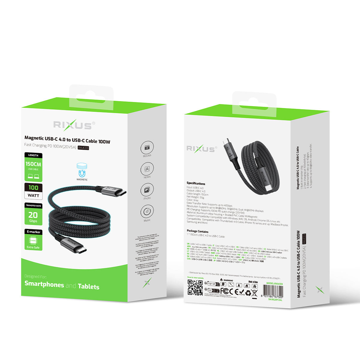 Rixus RXUC03 Magnetische USB-C 4.0 Naar USB-C Kabel Gemakkelijk Oprollen 1,5m 100W Space Grijs