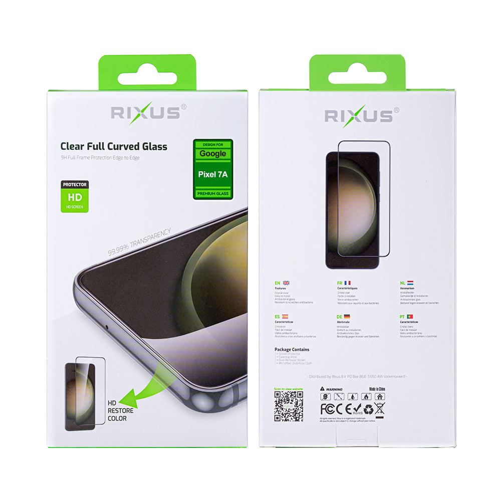 Rixus Duidelijk HD Volledig Gebogen Rand Tempered Glass voor Google Pixel 7A