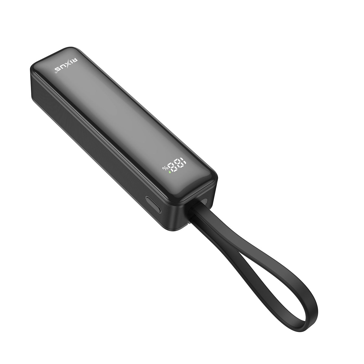 Rixus RXPB03B Powerbank met digitaal display, 5000 mAh, met ingebouwde USB-C-kabel, zwart