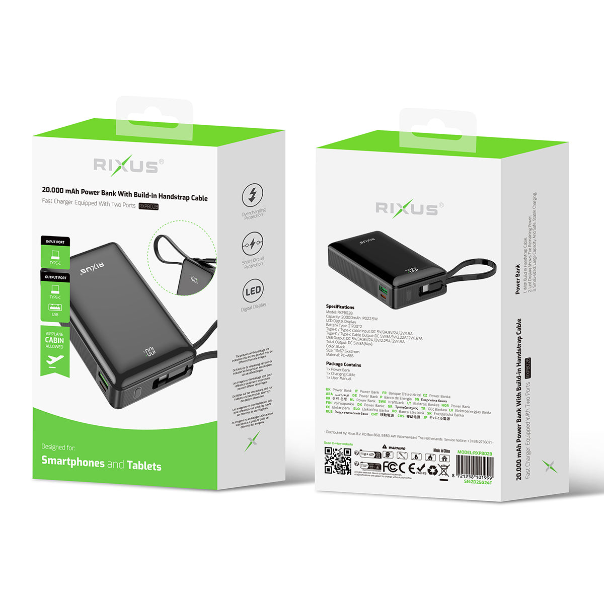 Rixus RXPB02B Powerbank met digitaal display, 20000 mAh, met ingebouwde USB-C-kabel, zwart