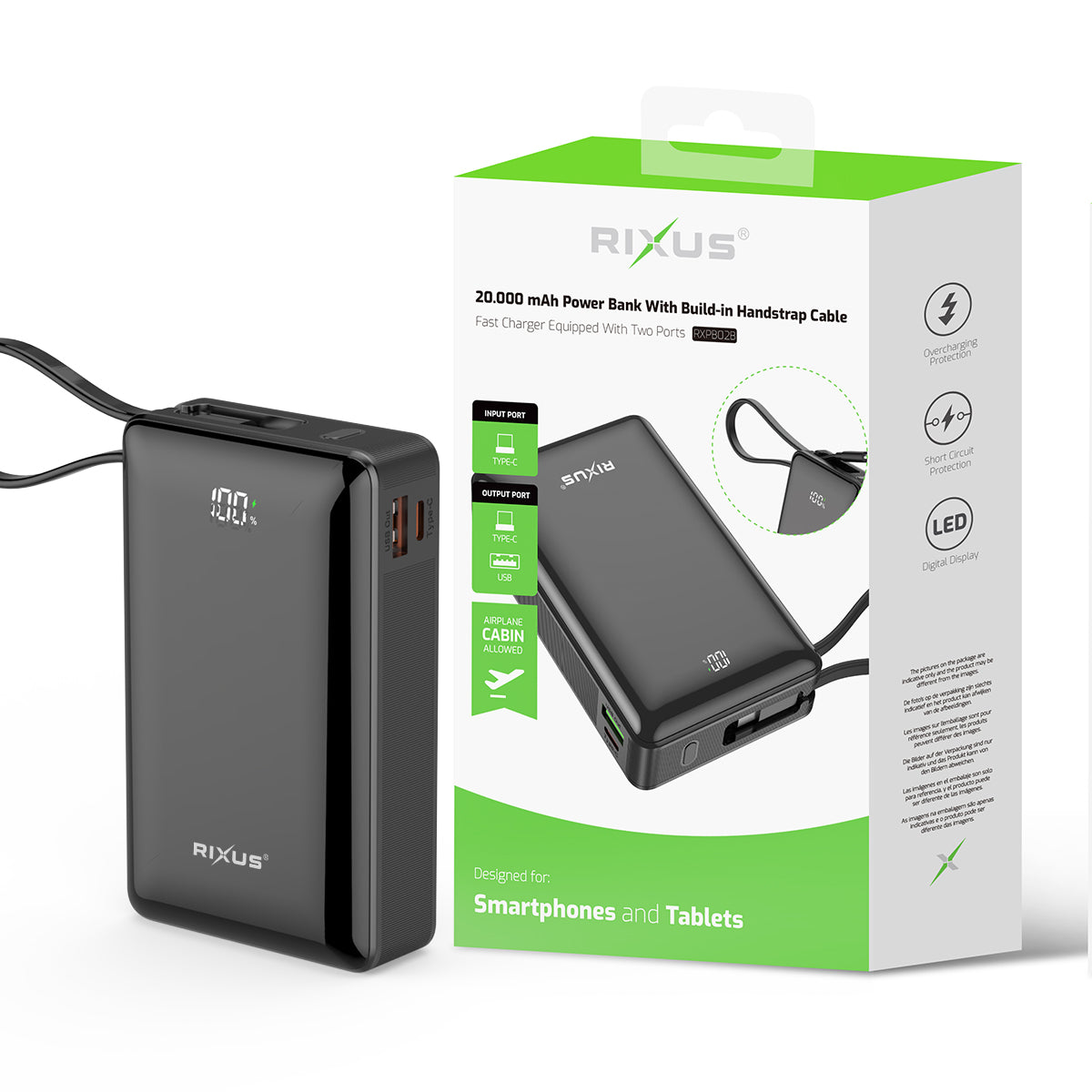 Rixus RXPB02B Powerbank met digitaal display, 20000 mAh, met ingebouwde USB-C-kabel, zwart