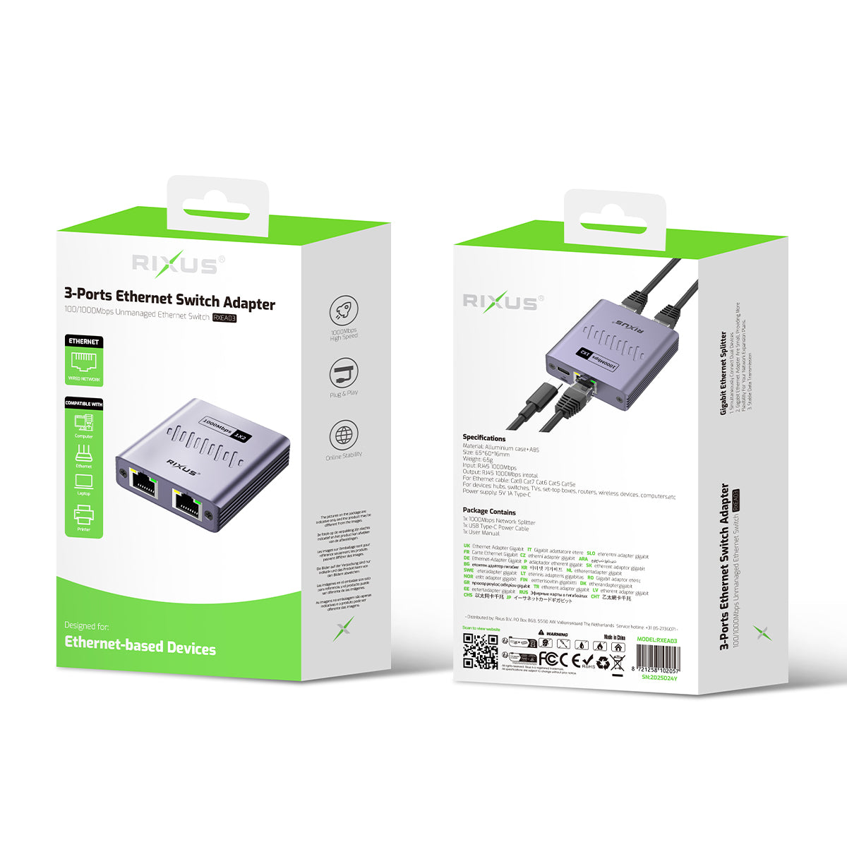 Rixus RXEA03 3-poorts Ethernet Switch Adapter Grijs