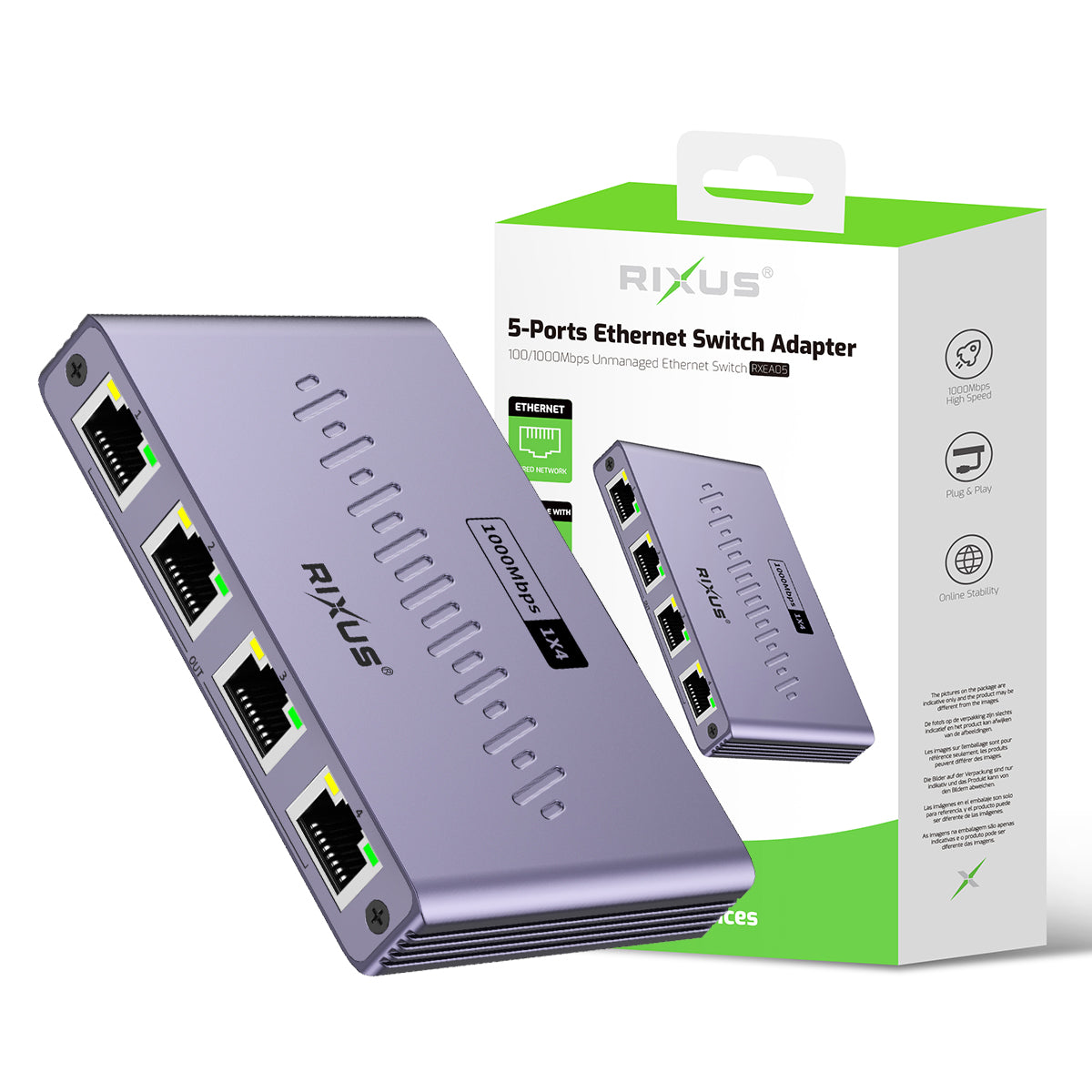 Rixus RXEA05 5-poorts Ethernet Switch Adapter Grijs