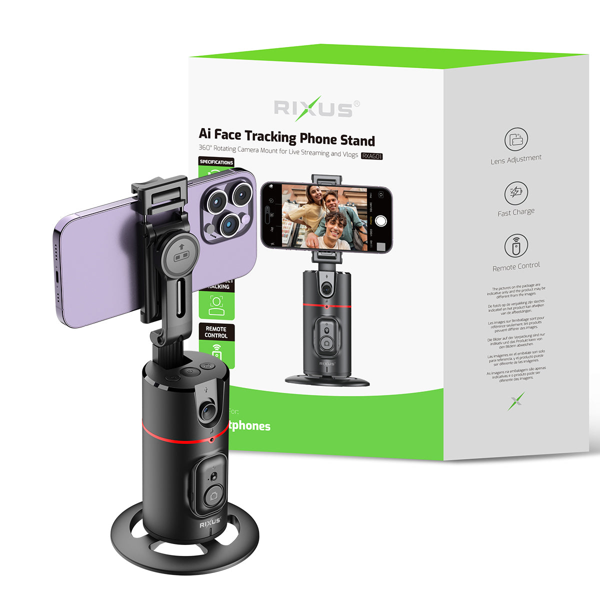 Rixus RXAG01 Auto Face Tracking Voor Vlog, Video, Tik Tok Zwart