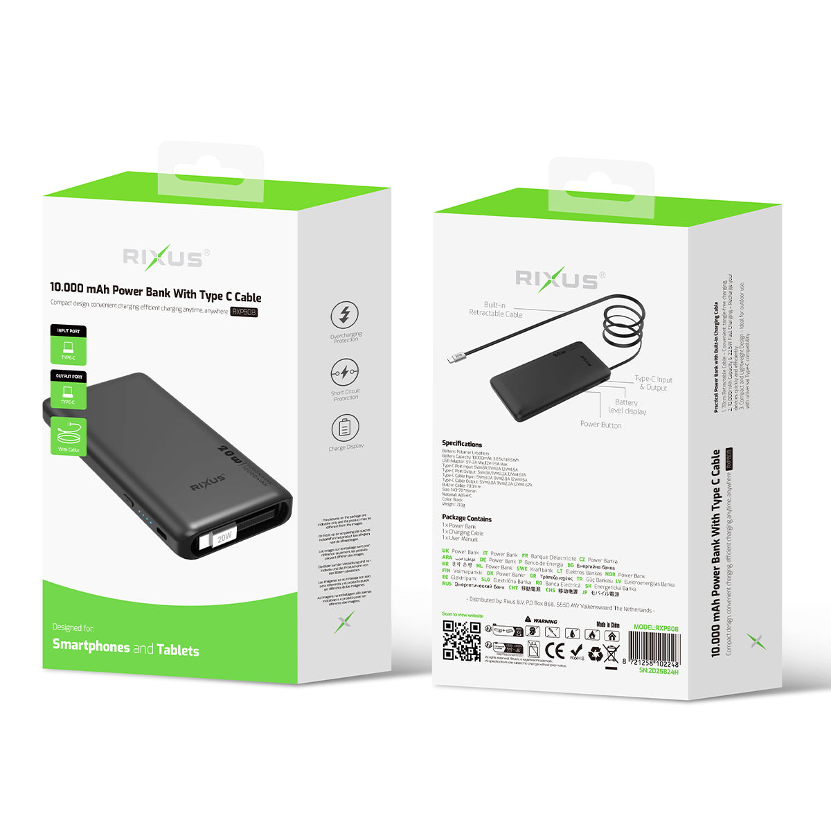 Rixus RXPB08 Powerbank met ingebouwde USB-C-kabel 70 cm 10000 mAh 22,5 W Zwart