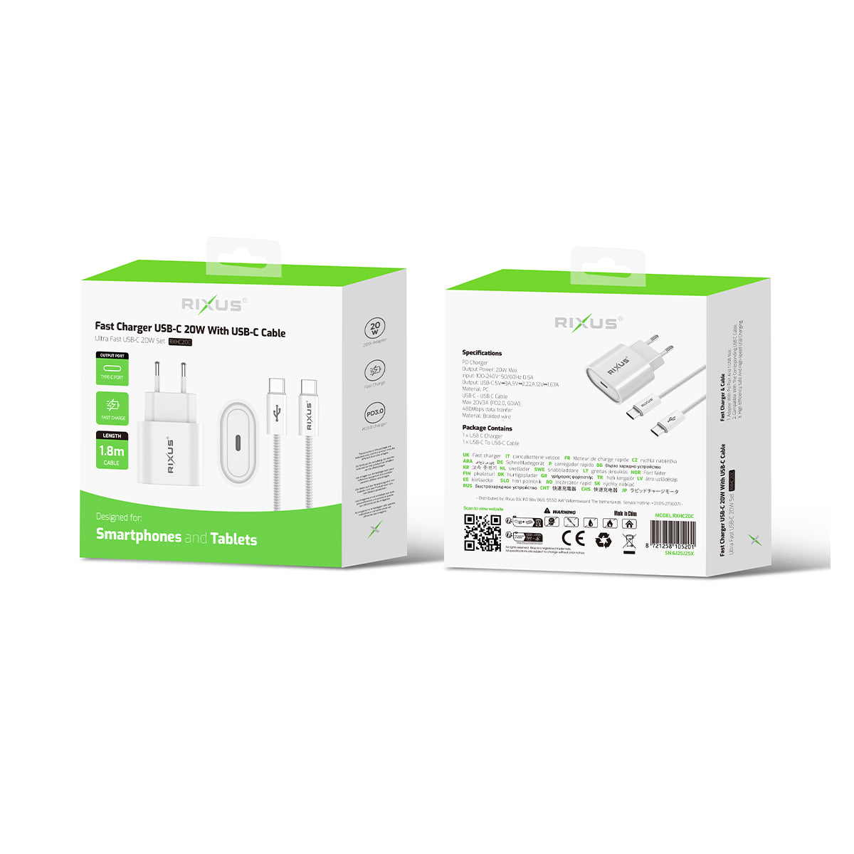 Rixus RXHC20C Snelle Oplader USB-C Naar USB-C Kabel 1,8m 20W Wit