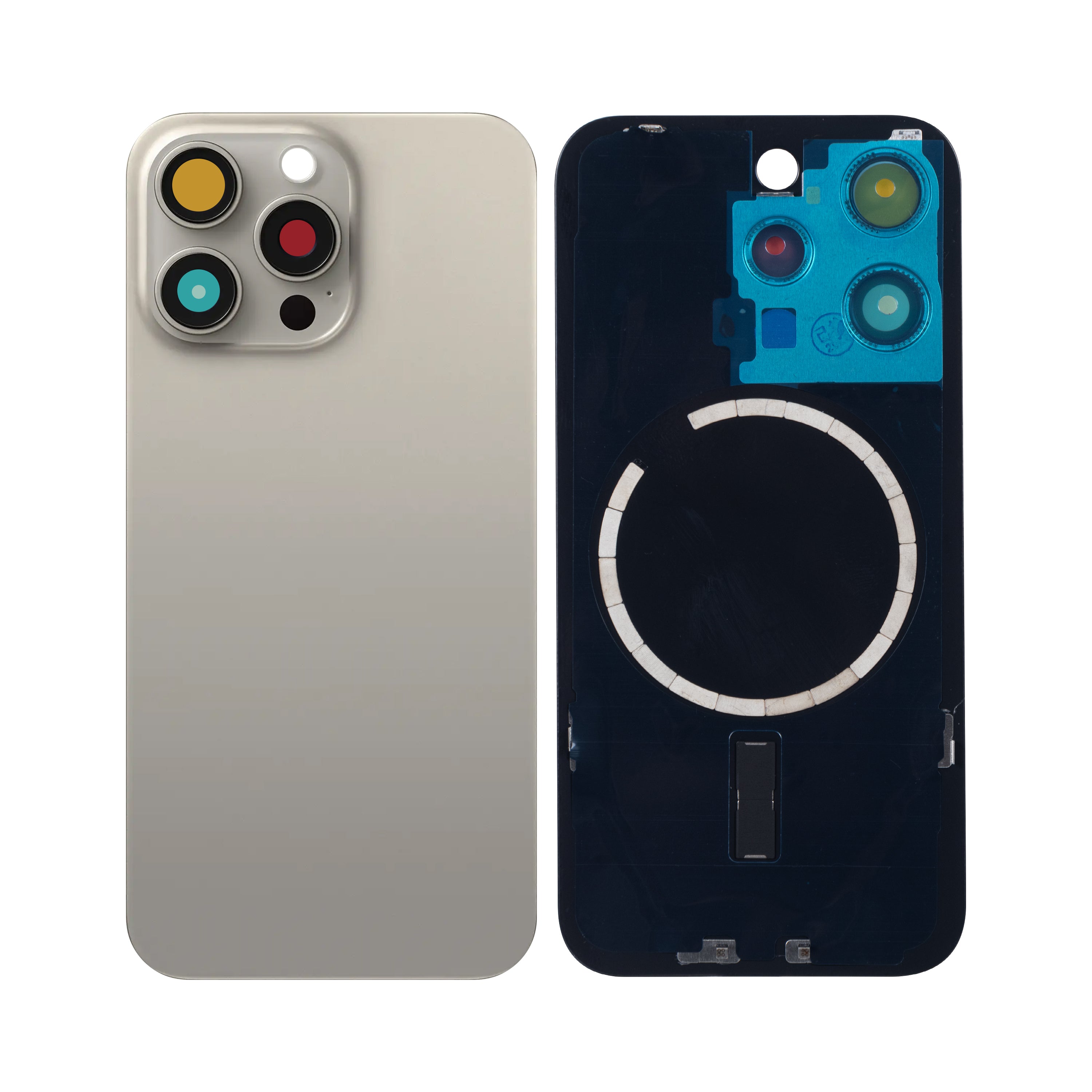 For Apple 15 Pro achterglas zonder NFC, vergroot cameraframe, natuurlijk titanium, compatibel