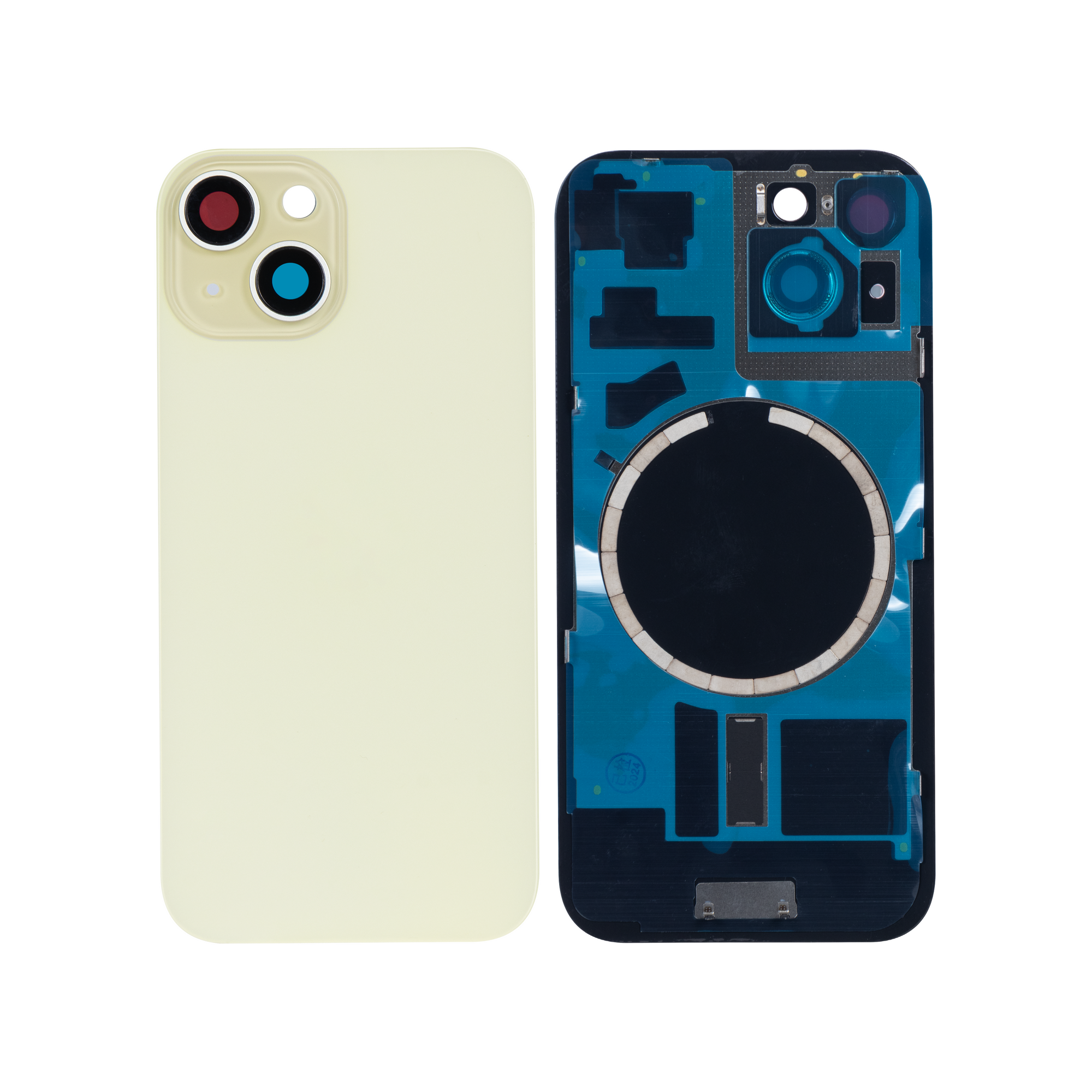 For Apple 15 Plus achterglas zonder NFC, vergroot cameraframe geel compatibel
