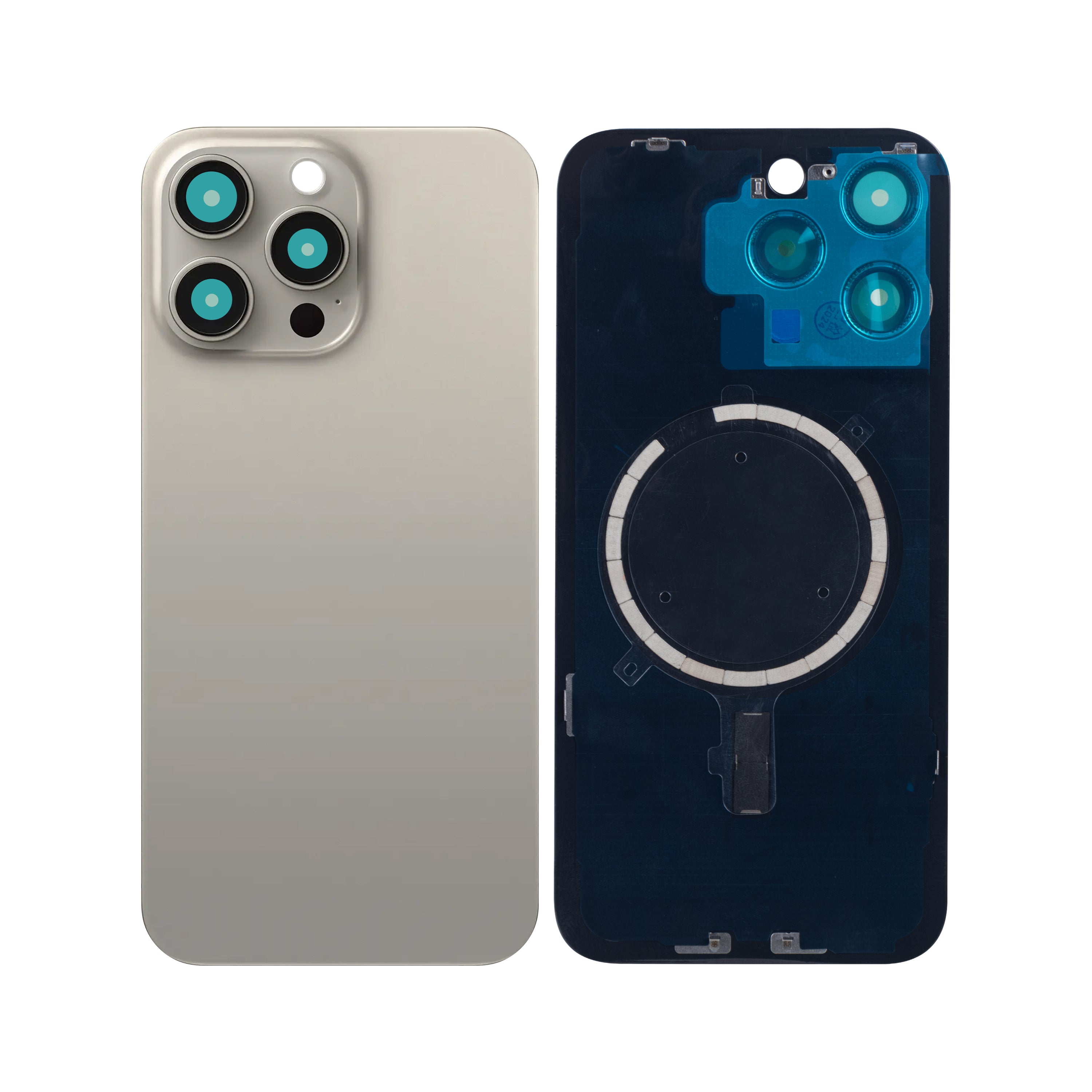 For Apple 15 Pro Max achterglas zonder NFC, vergroot cameraframe, natuurlijk titanium, compatibel
