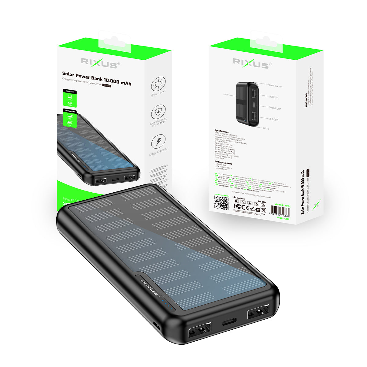 Rixus RXPB45 Zonne-energiebank 10000 mAh Zwart