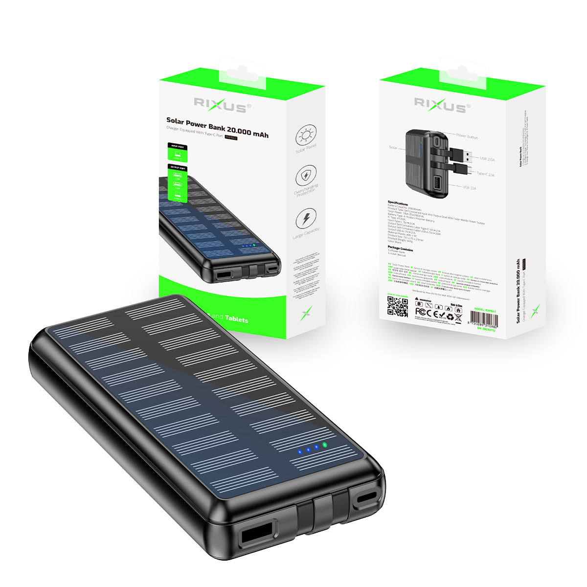 Rixus RXPB47 Zonne-energiebank 20000 mAh Met Ingebouwde Kabels Zwart