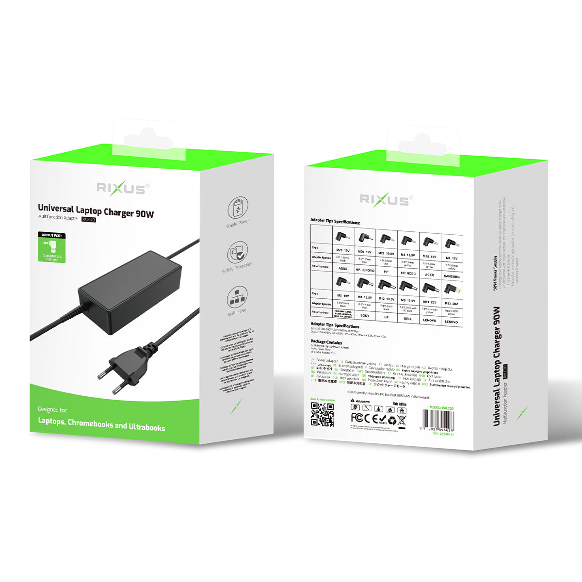 Rixus RXLC20 Universele Laptopoplader 90W 12 Aansluitingen Zwart