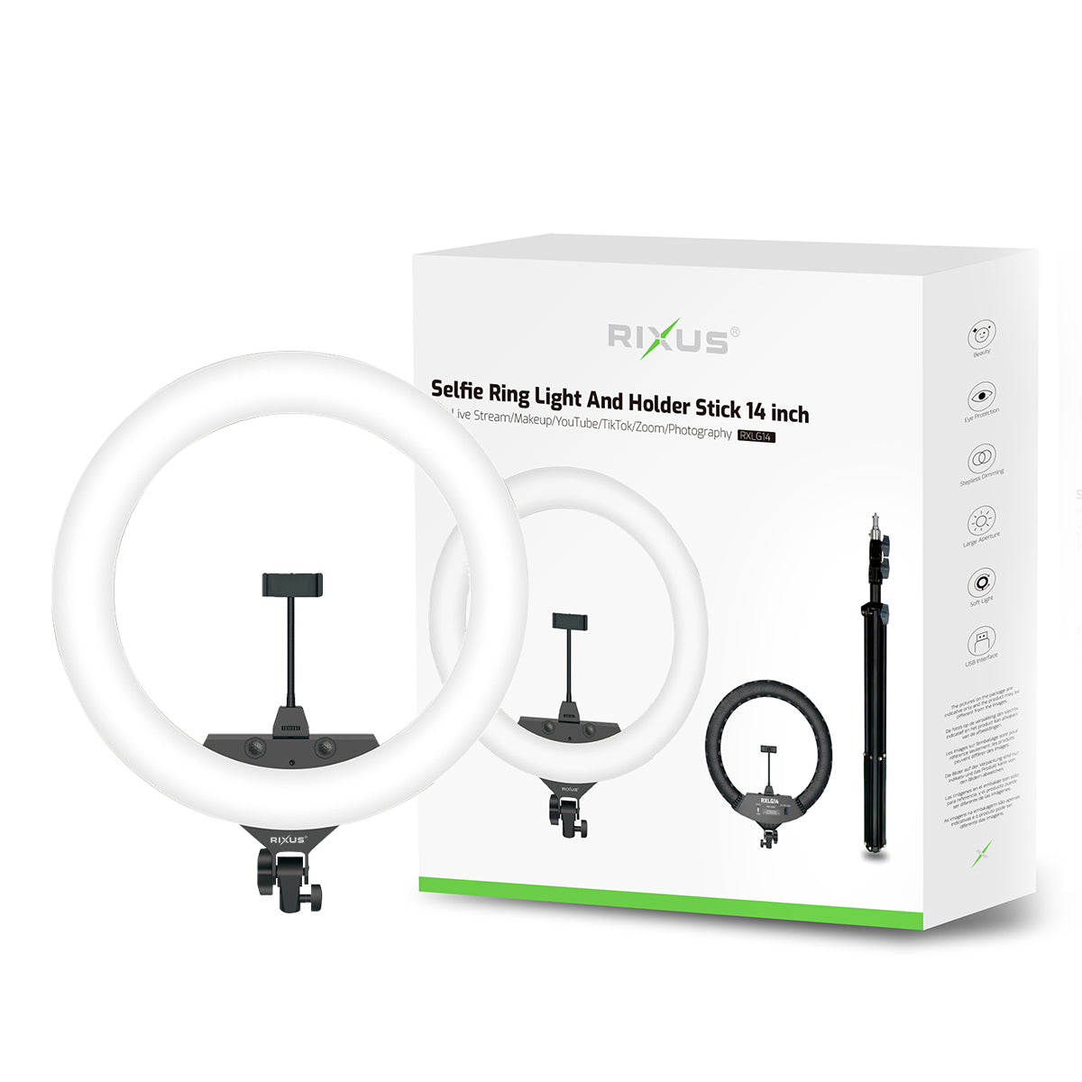 Rixus RXLG14 Selfie Ring Licht En Houder Stick 14 inch