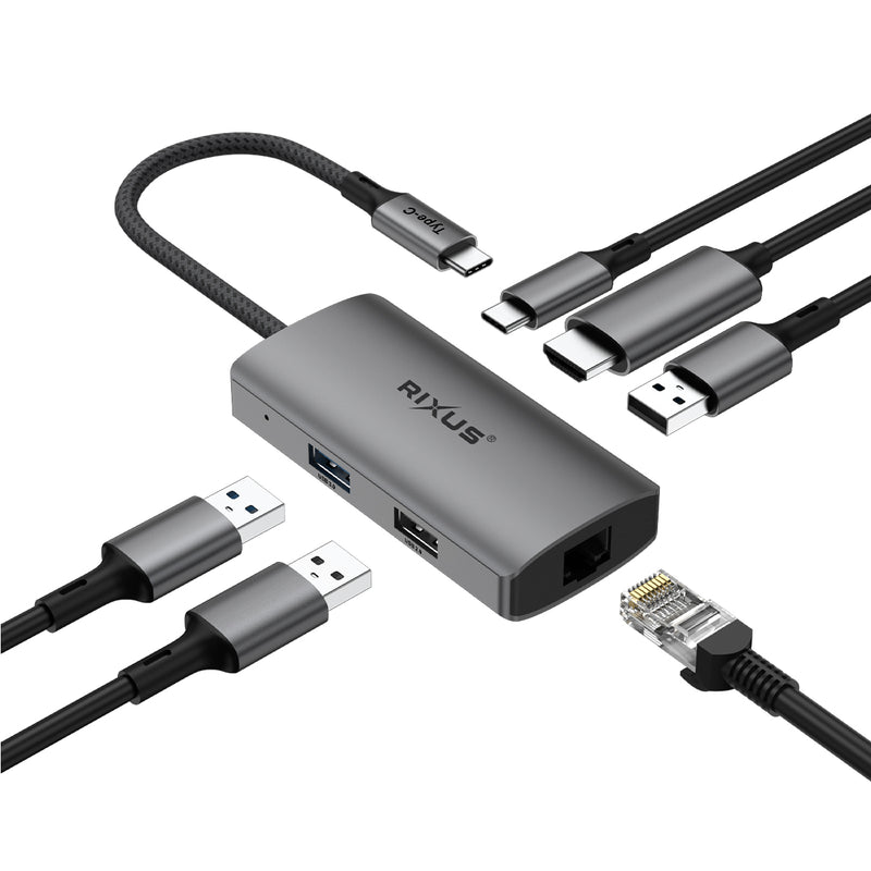 Rixus RXHU07 USB-C naar Ethernet HDMI-adapter met dockingstation Grijs