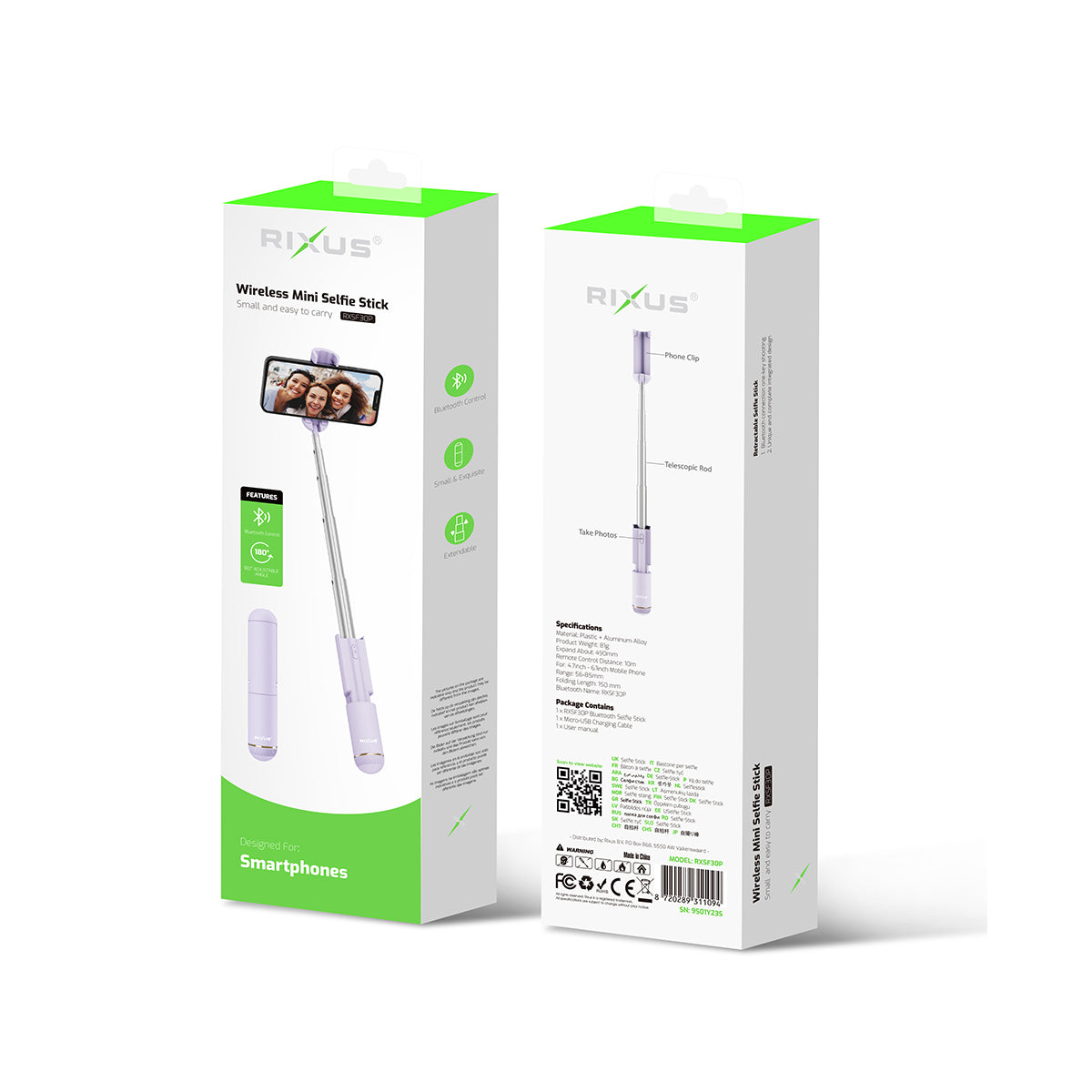 Rixus RXSF30P Mini Geïntegreerde Selfie Stick Bluetooth Paars