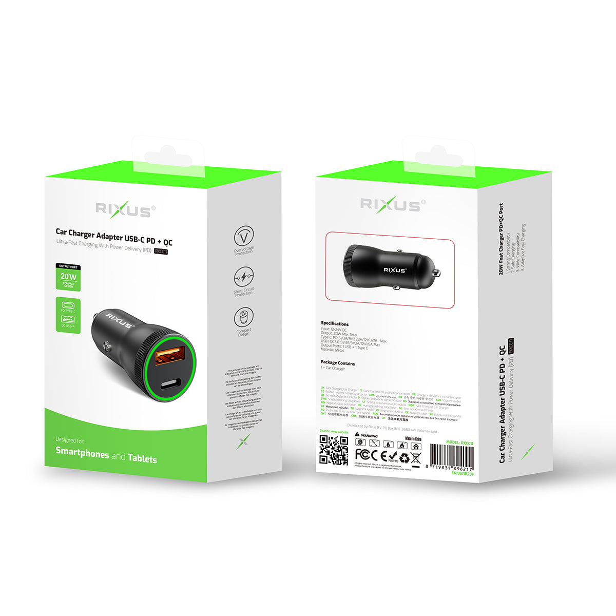 Rixus RXCC11 USB-C PD+QC Autolader 20W Zwart