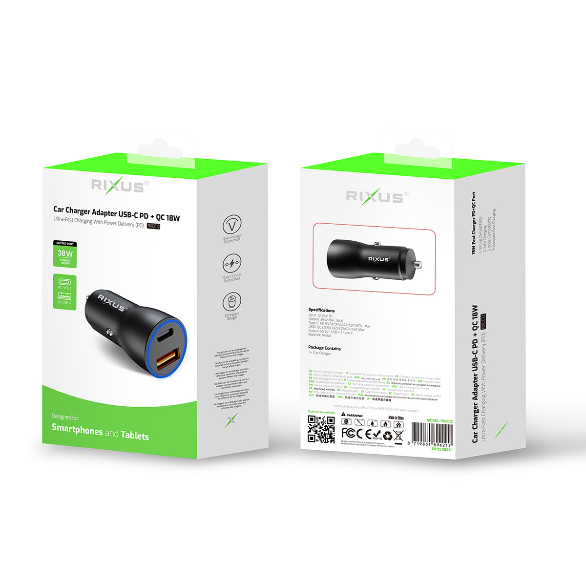 Rixus RXCC12 USB-C PD+QC3.0 Autolader 38W Zwart