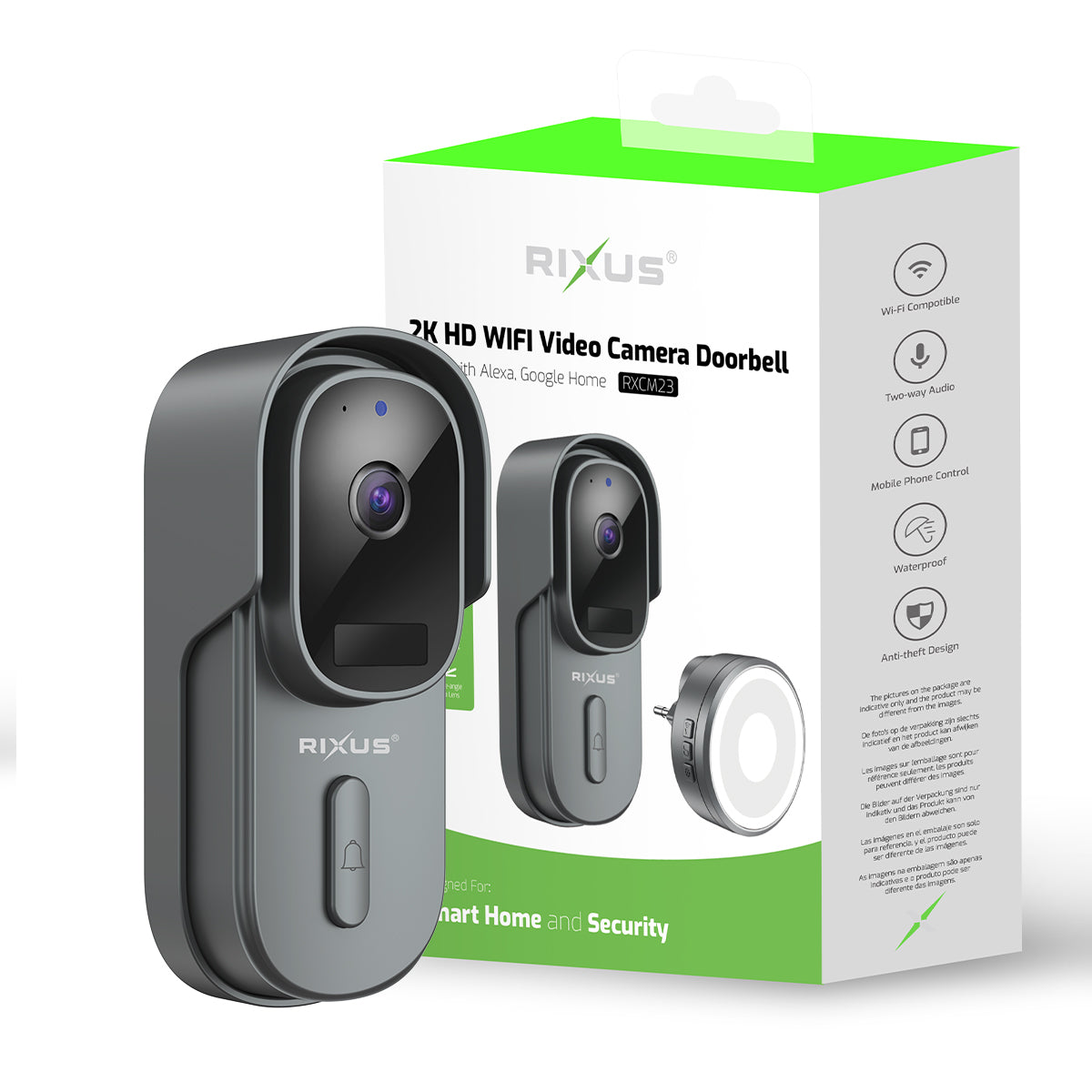 Rixus Draadloze Batterijgevoede Deurbel Met Camera Grijs