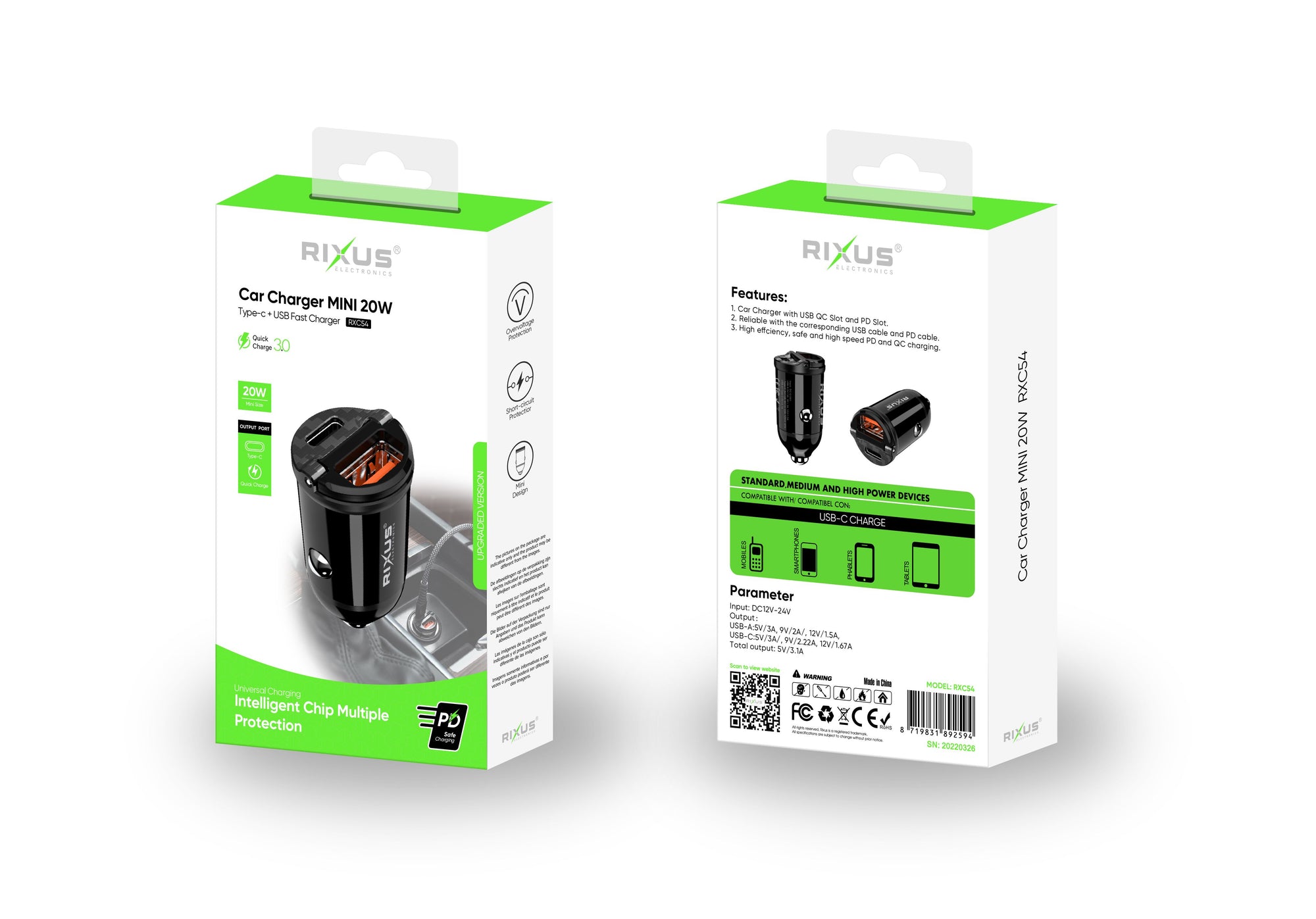 Mini carregador de automóvel Rixus RXC54 20W Preto