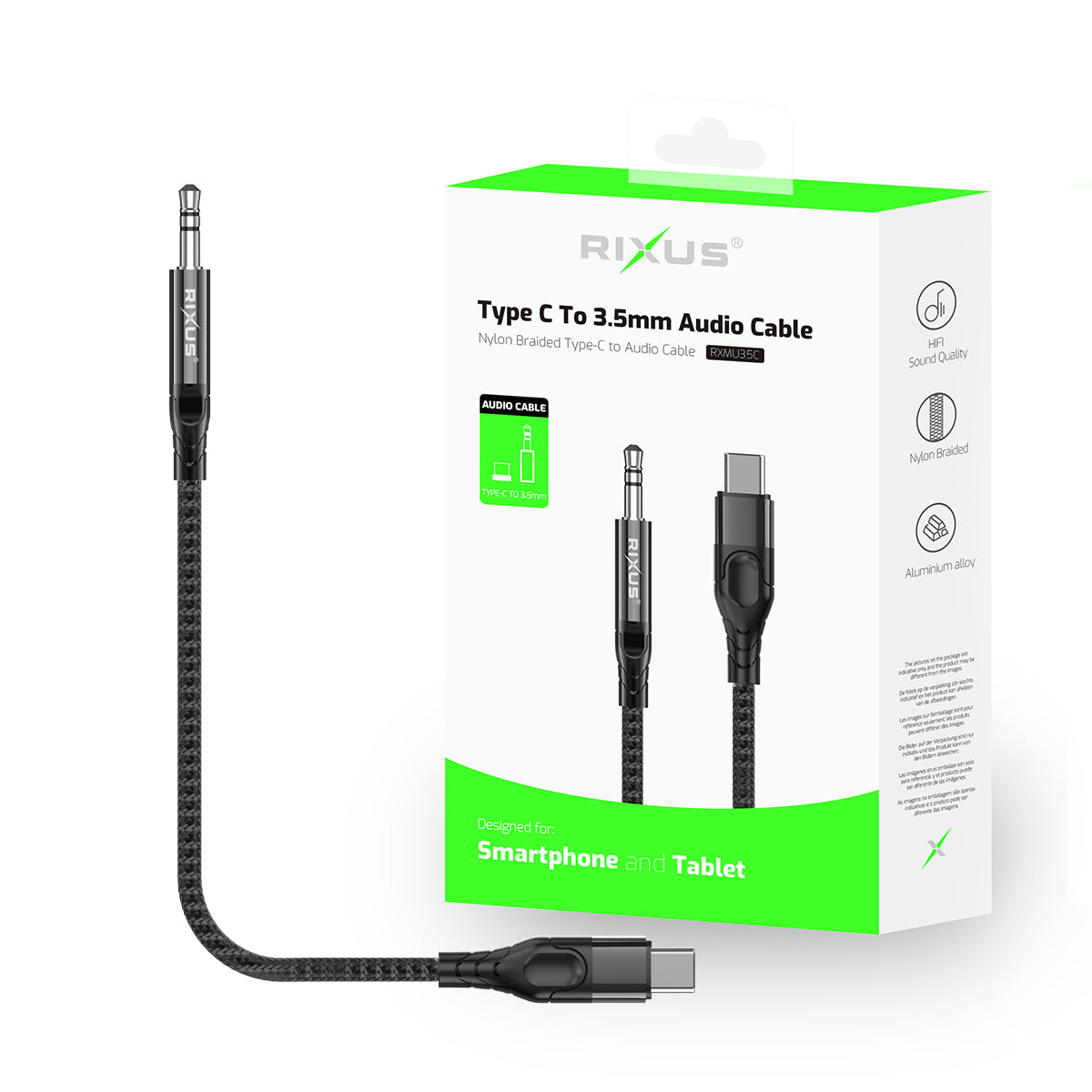 Rixus RXMU35C Cabo de áudio trançado de 3,5 mm AUX para USB-C 1,2 m preto