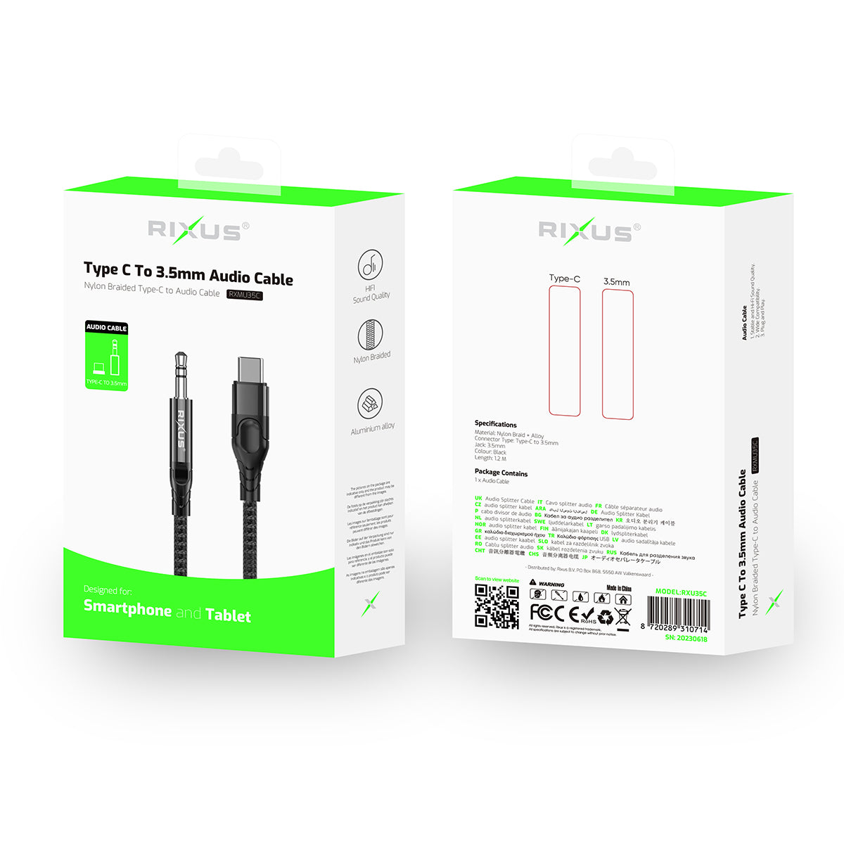 Rixus RXMU35C Cabo de áudio trançado de 3,5 mm AUX para USB-C 1,2 m preto
