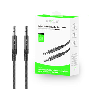 Rixus RXMU35 Cabo de áudio trançado de 3,5 mm AUX para 3,5 mm AUX 1,2 m Preto
