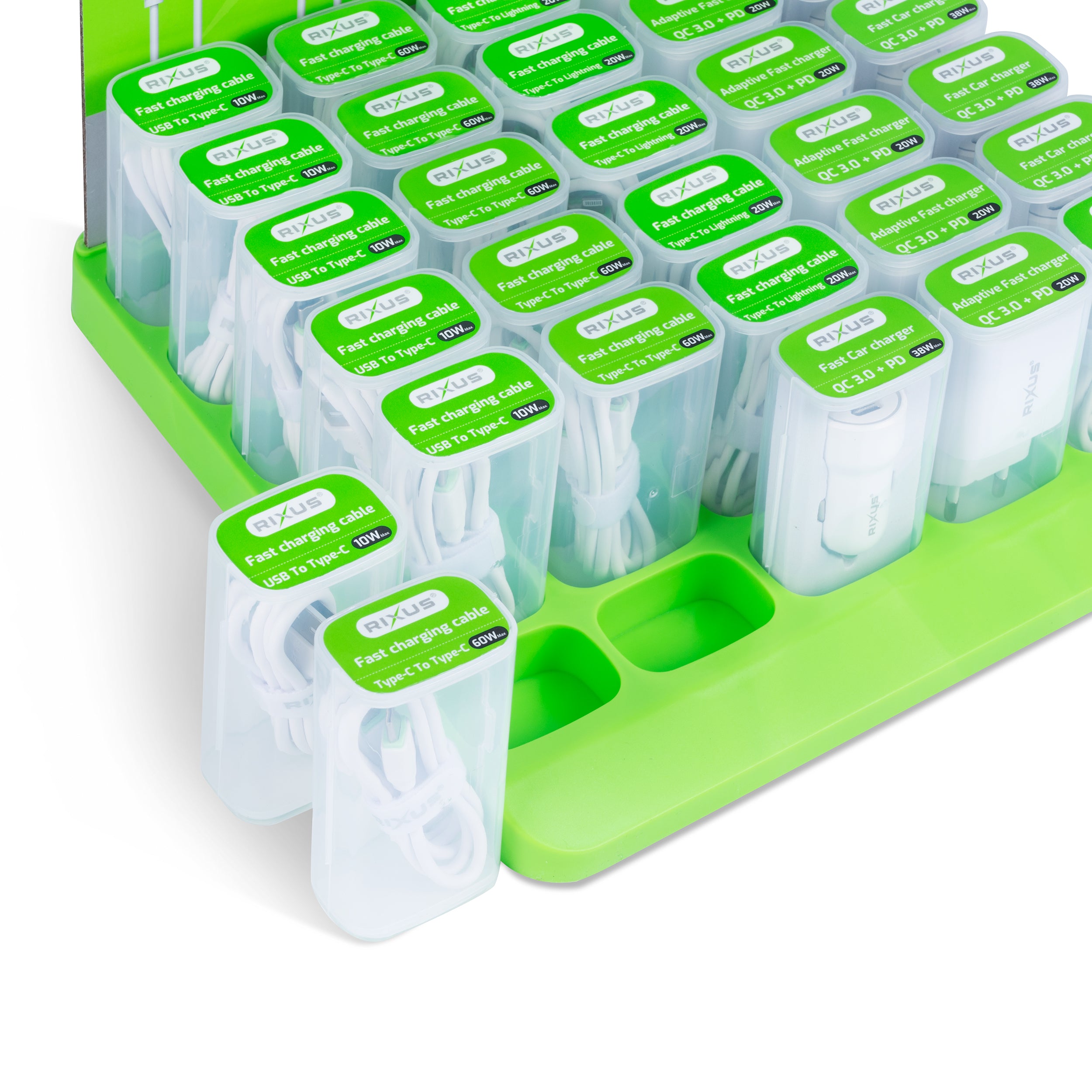 Expositor de balcão Rixus RXDS01 com cabos e carregadores