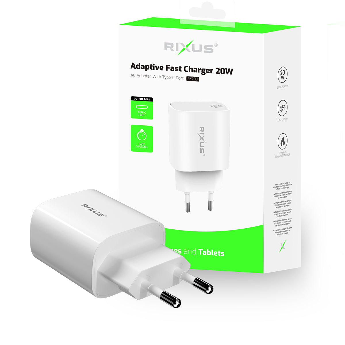 Carregador rápido adaptável Rixus RX209 USB-C 20W Branco