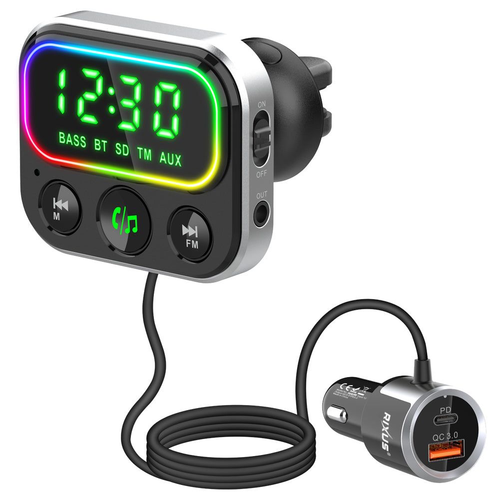 Rixus RXBT55 Transmissor FM Bluetooth 2 em 1 e adaptador para automóvel Preto