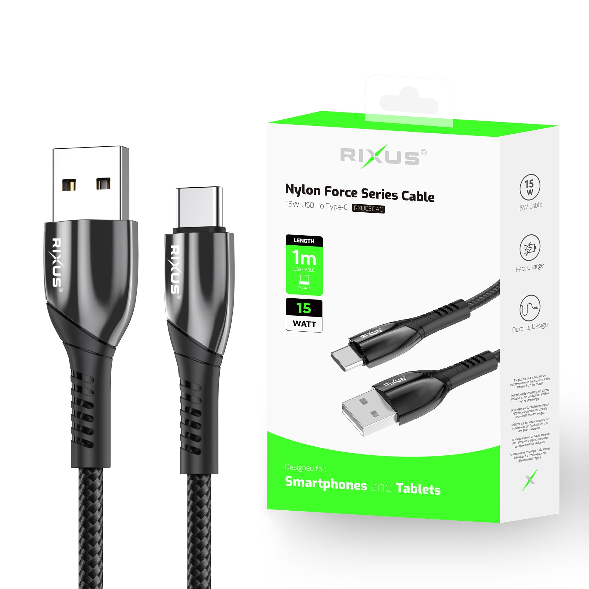 Rixus RXUC30AC Cabo de dados USB para USB-C em liga metálica Cinzento