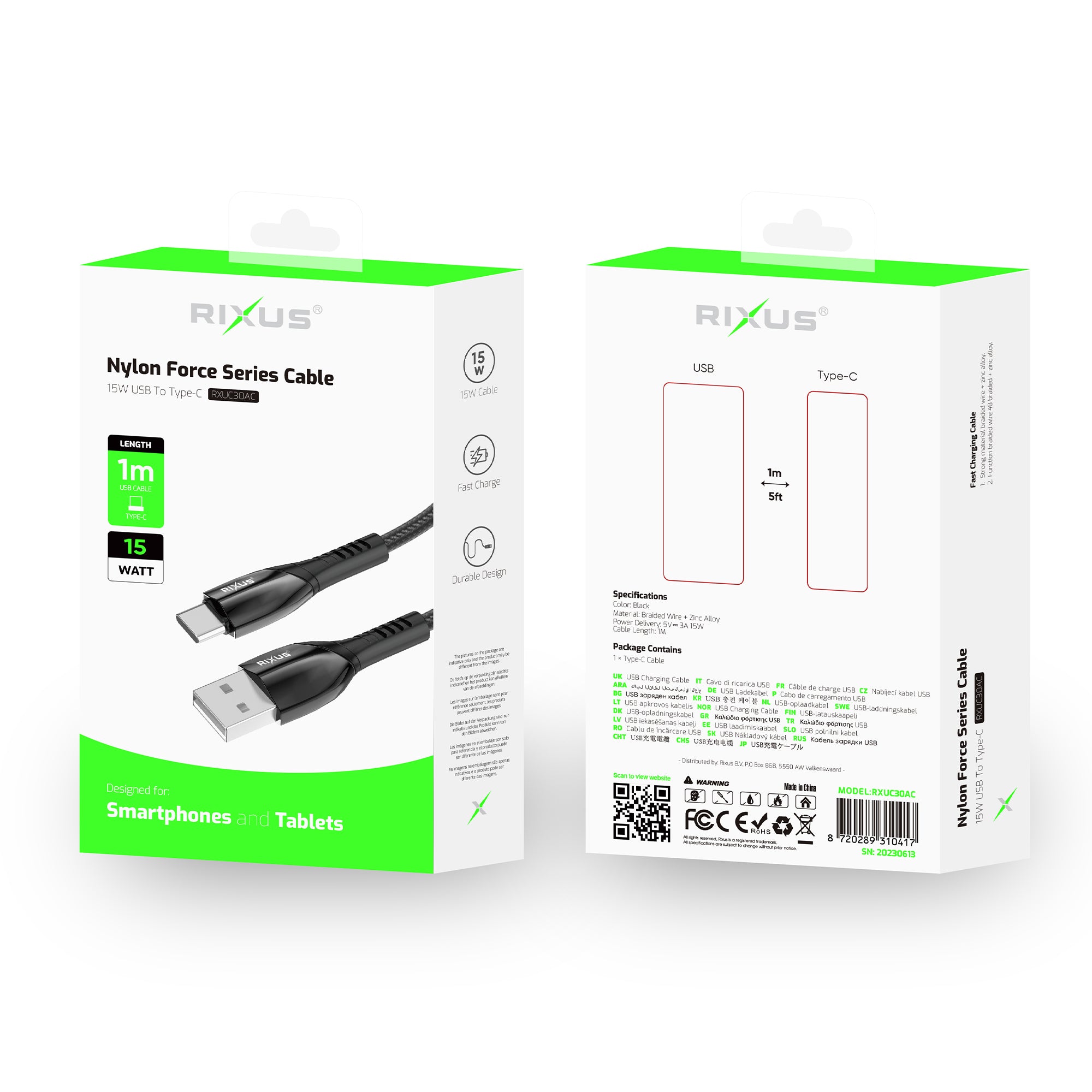 Rixus RXUC30AC Cabo de dados USB para USB-C em liga metálica Cinzento