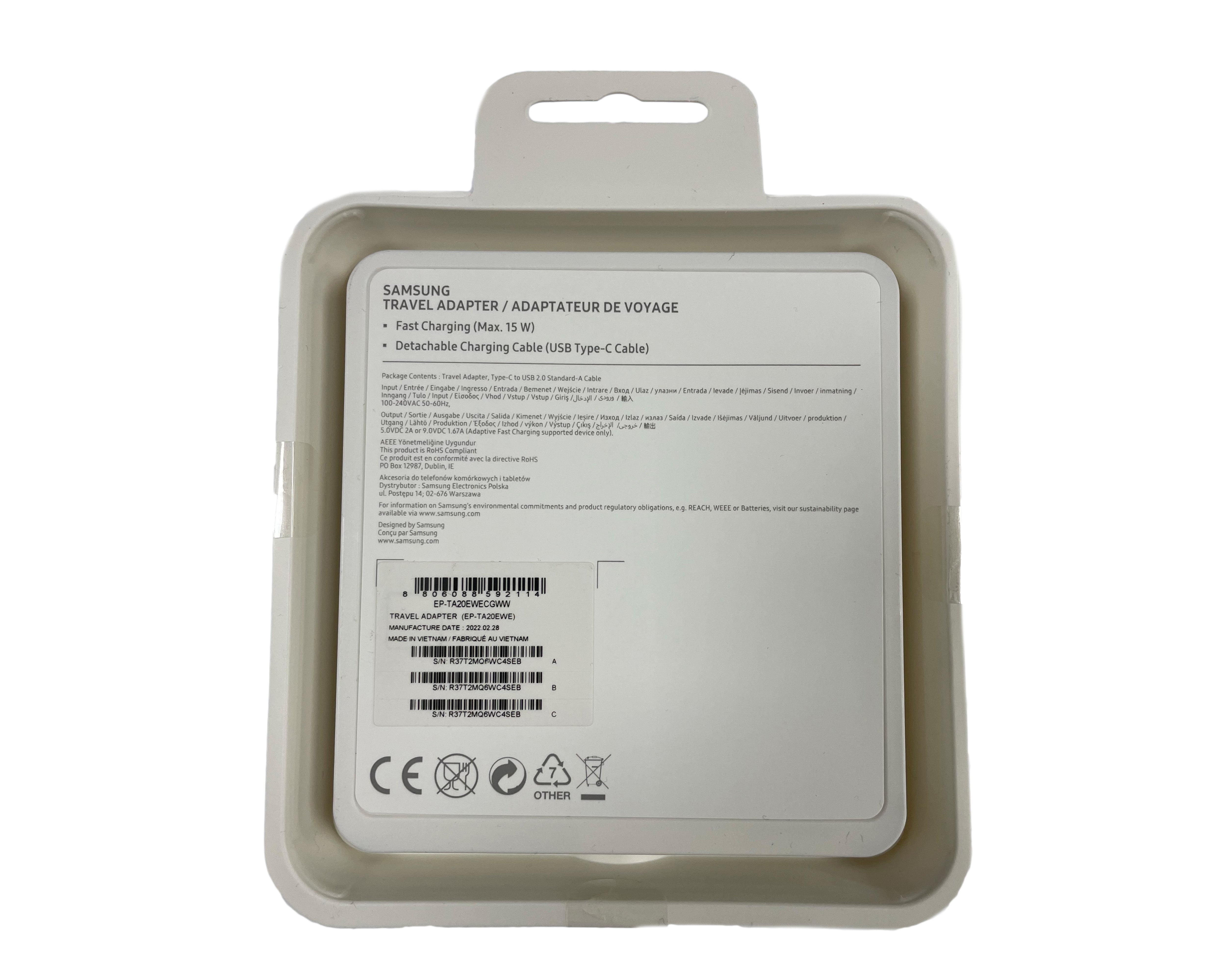 Samsung Fast Charger USB-A 15W With USB-A To USB-C Cable White Original Retail Box