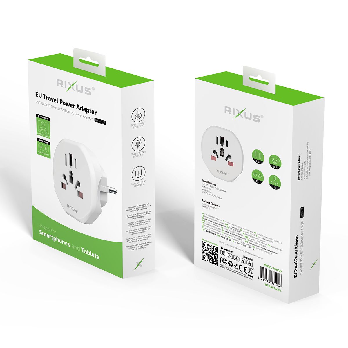 Adaptador de corrente de viagem Rixus RXHC27 EU Branco