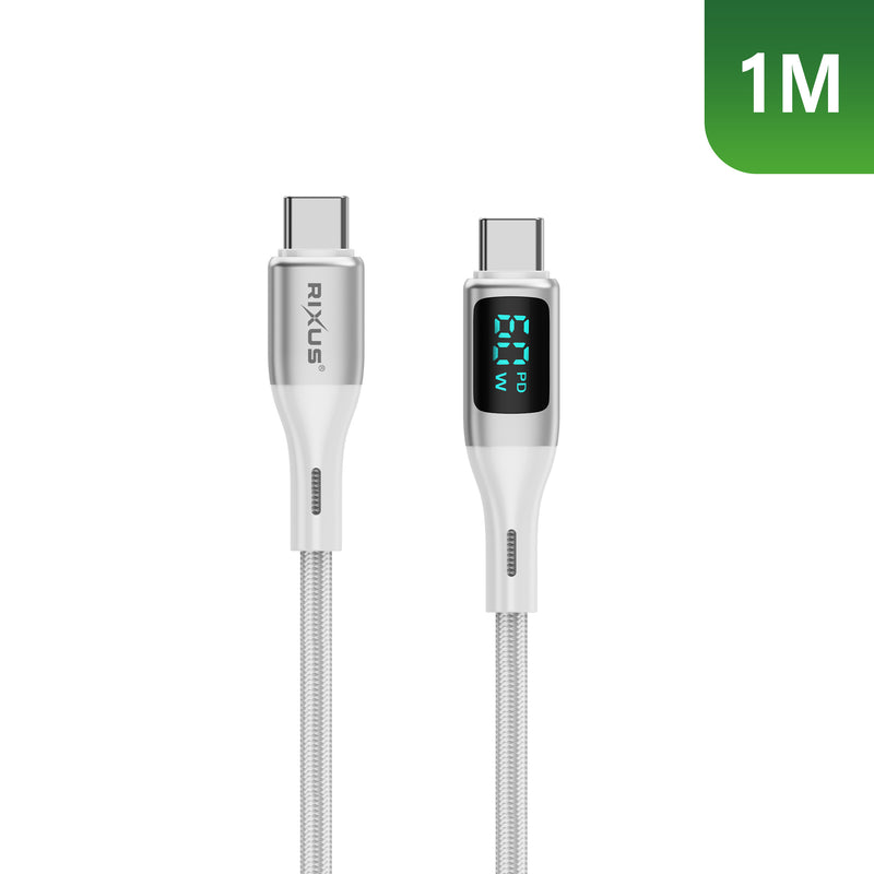 Cabo USB-C para USB-C entrançado Rixus RXUC29C com ecrã LED Branco