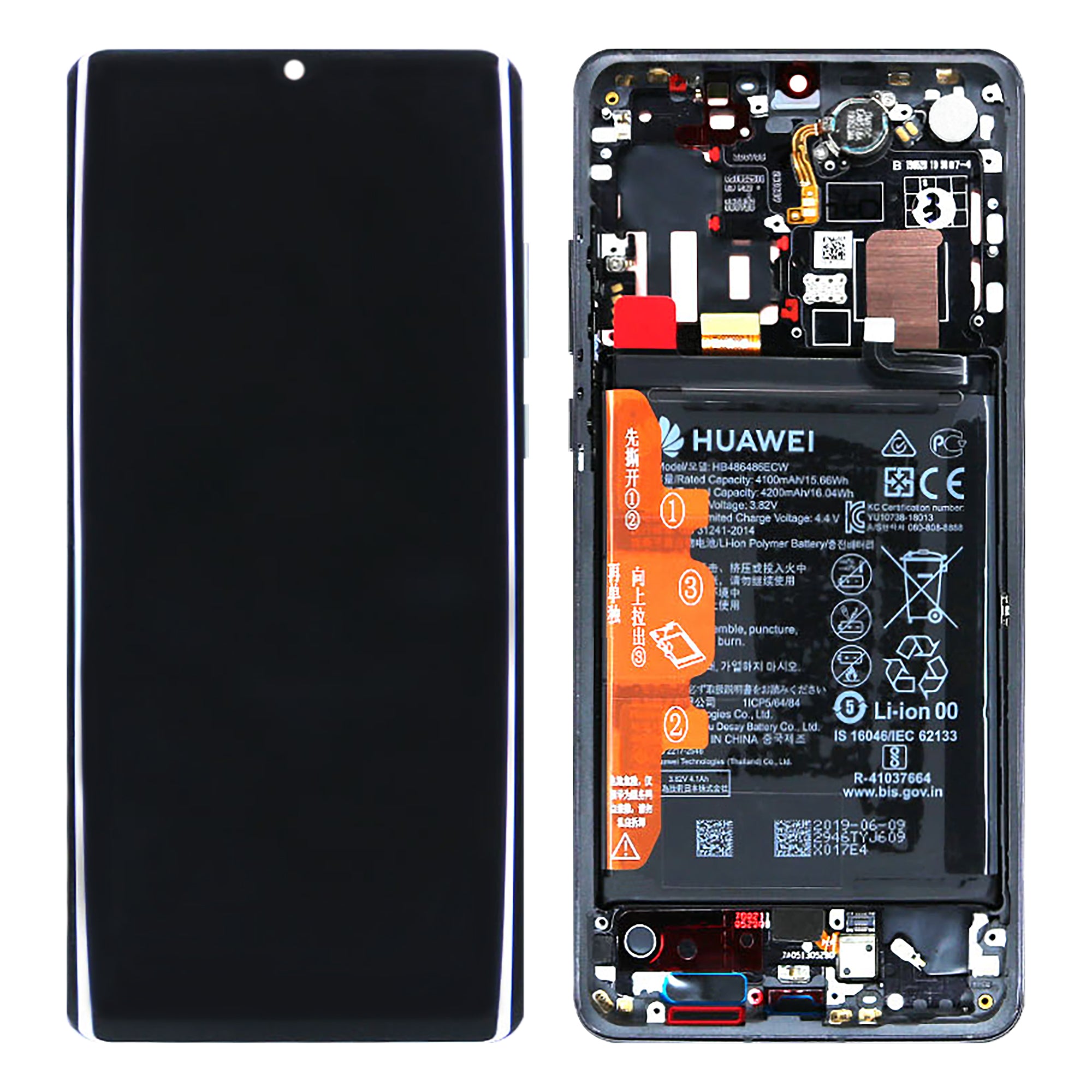 Huawei P30 Pro (2019), P30 Pro Nova Edição (2020) Ecrã e digitalizador com moldura e bateria Preta Pacote de Serviço