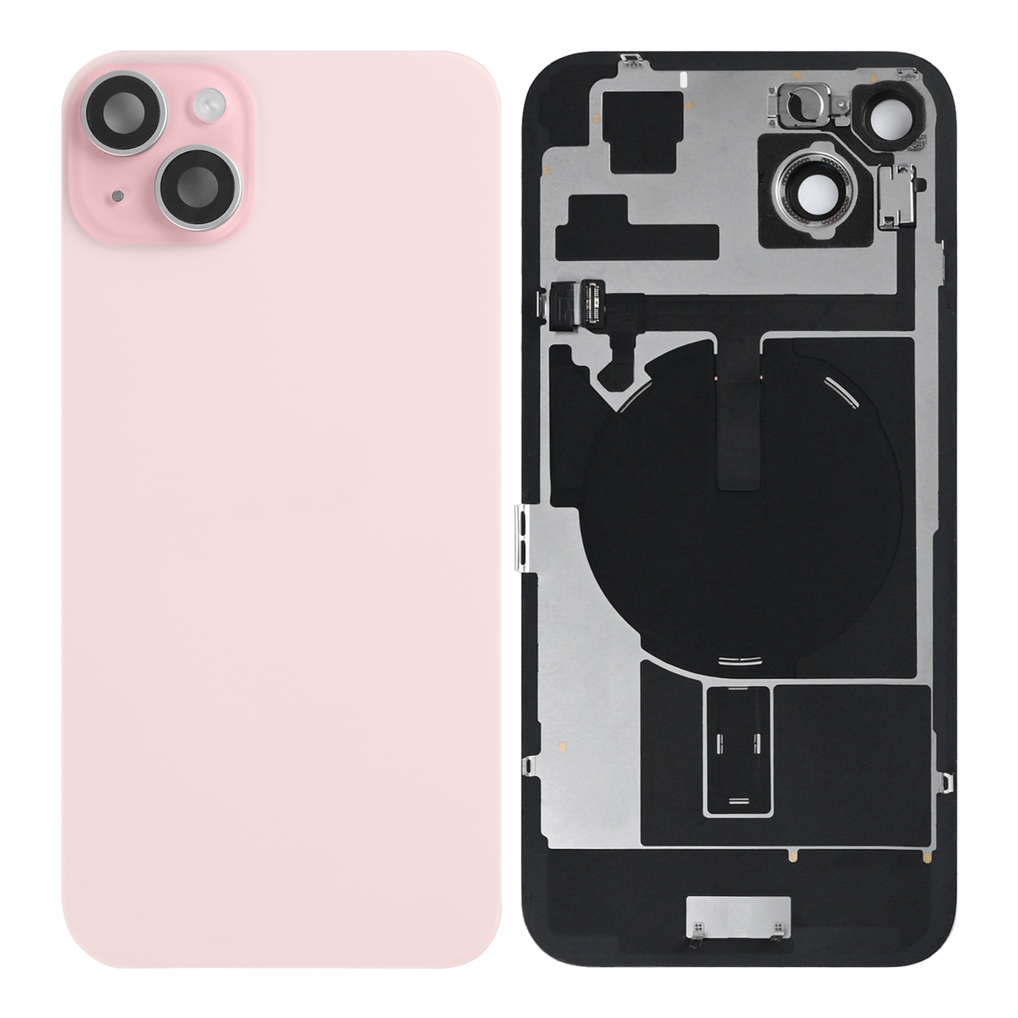 For Apple 15 Vidro traseiro com NFC, moldura da câmara ampliada Rosa puxado