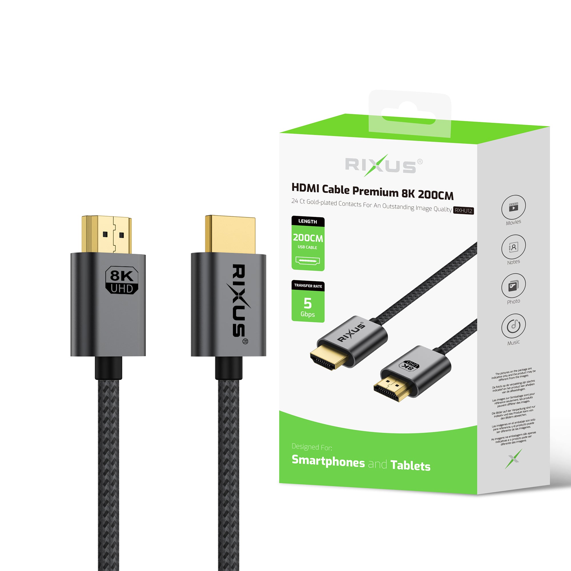 Cabo HDMI Rixus RXHU12 Premium 8K 2m cinzento espacial