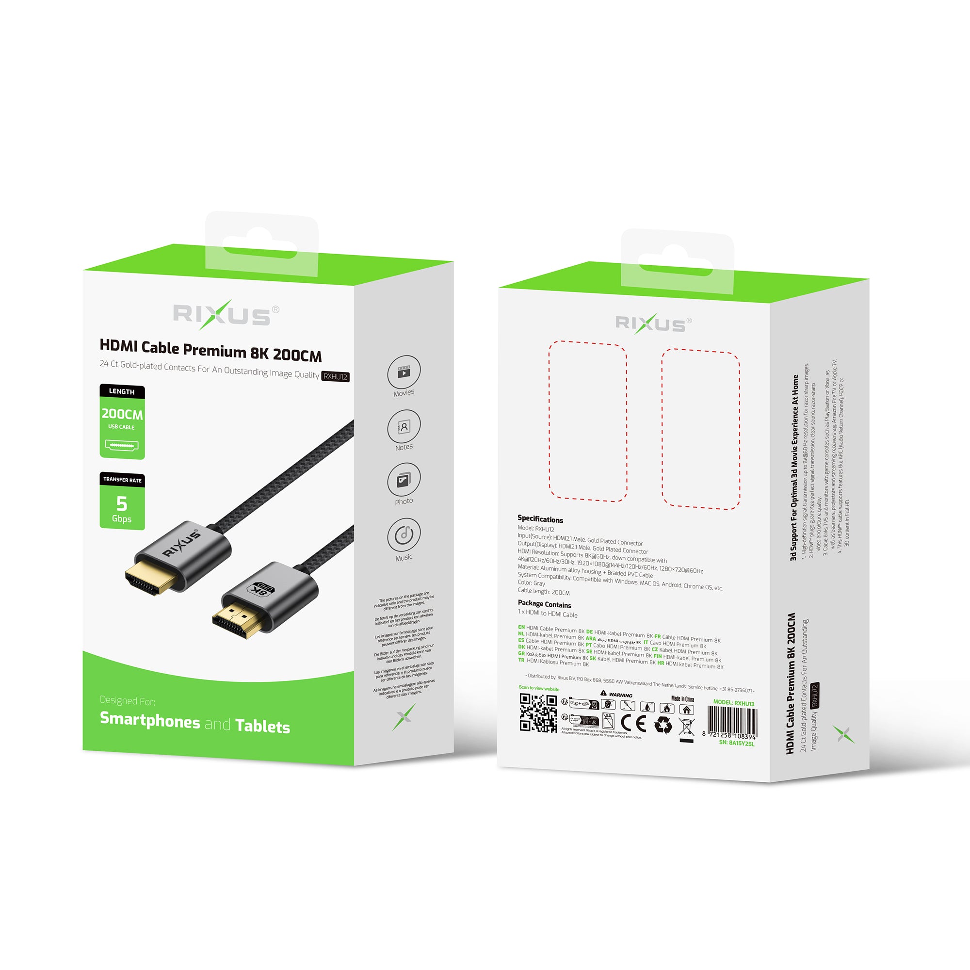 Cabo HDMI Rixus RXHU12 Premium 8K 2m cinzento espacial