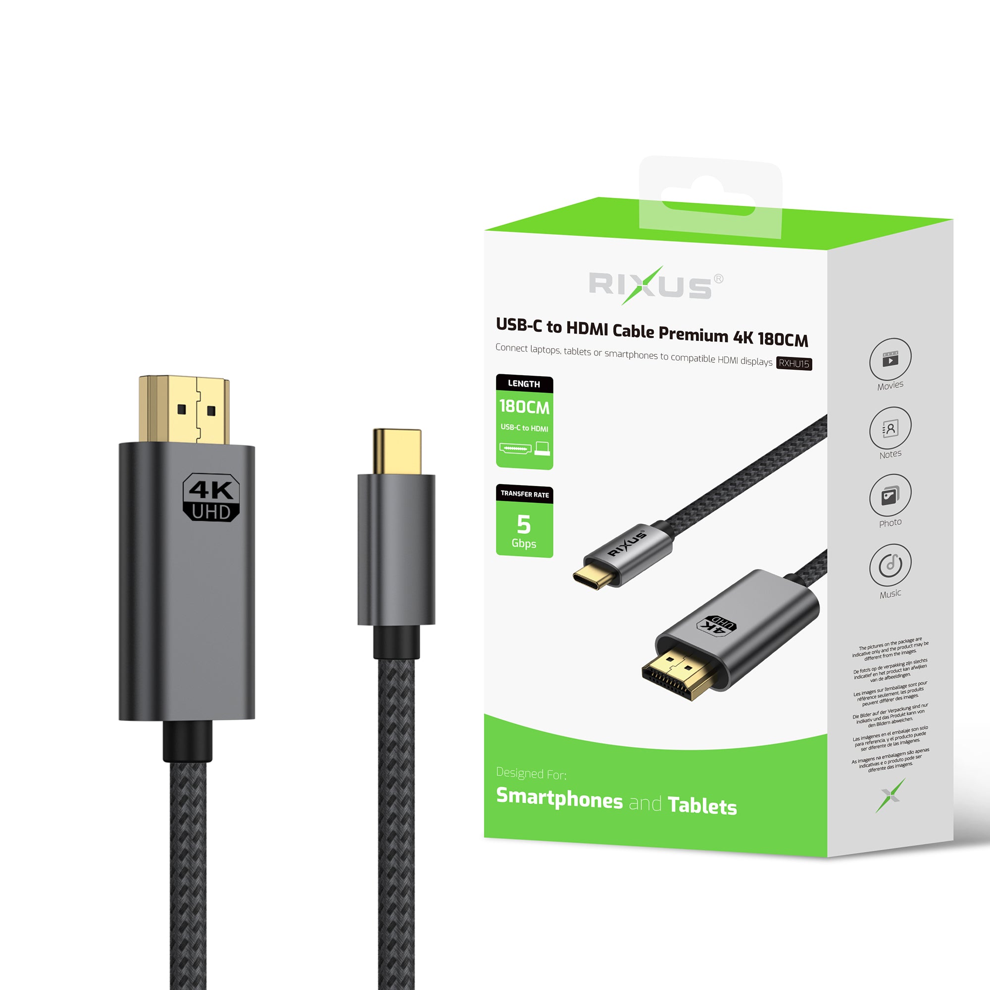 Rixus RXHU15 Cabo USB-C para HDMI Premium 4K 1,8 m cinzento espacial