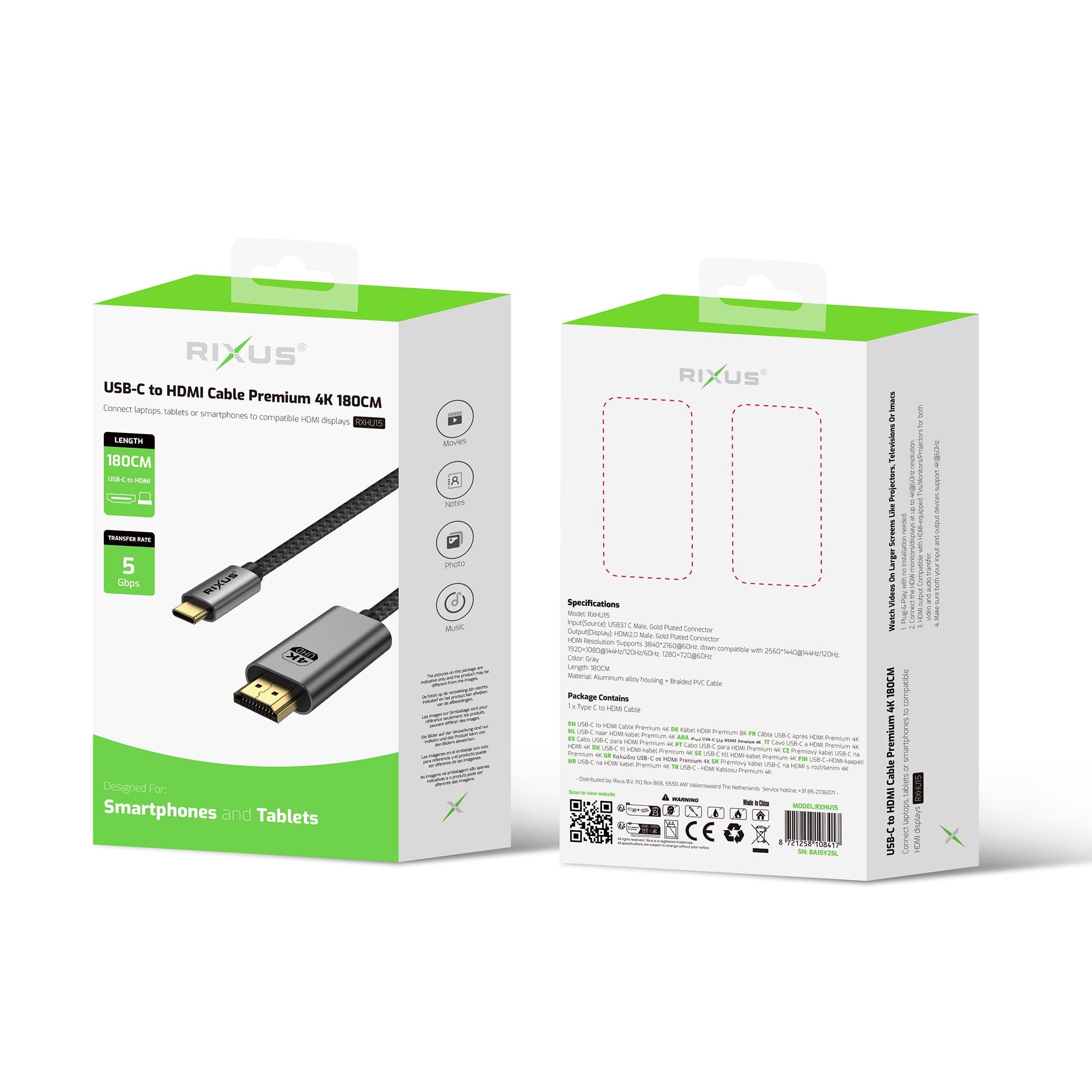 Rixus RXHU15 Cabo USB-C para HDMI Premium 4K 1,8 m cinzento espacial