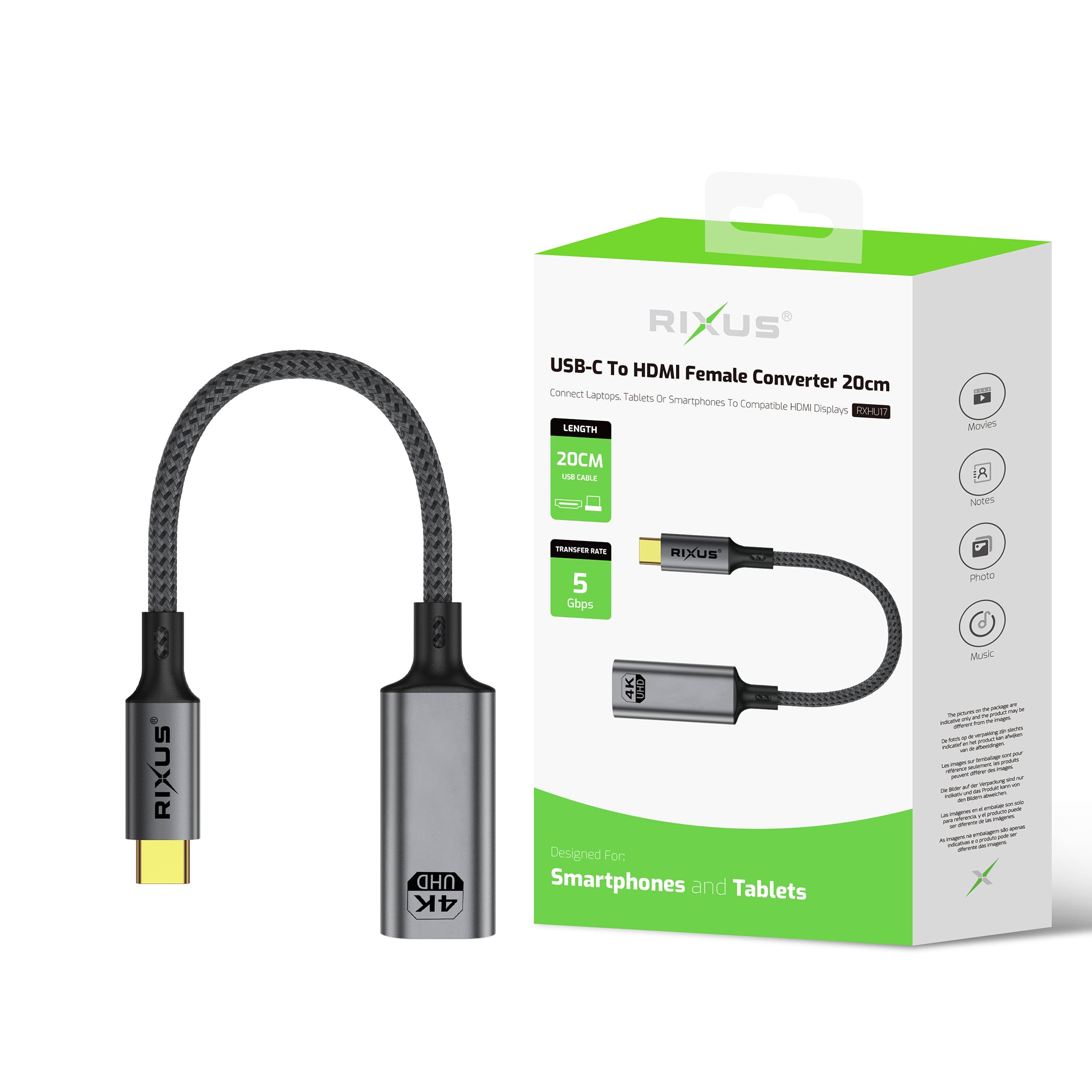 Rixus RXHU17 Conversor USB-C para HDMI fêmea 20 cm cinzento espacial