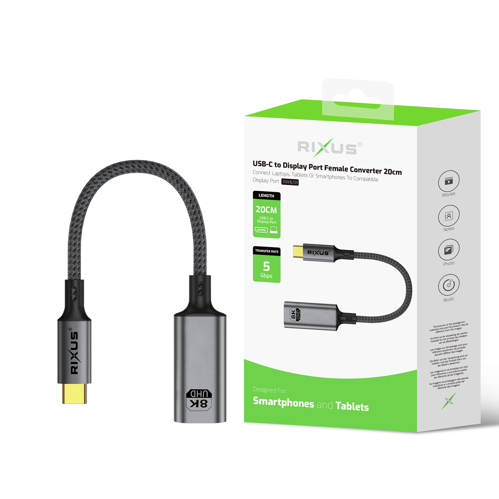 Rixus RXHU18 Conversor USB-C para porta de ecrã fêmea 20 cm cinzento espacial