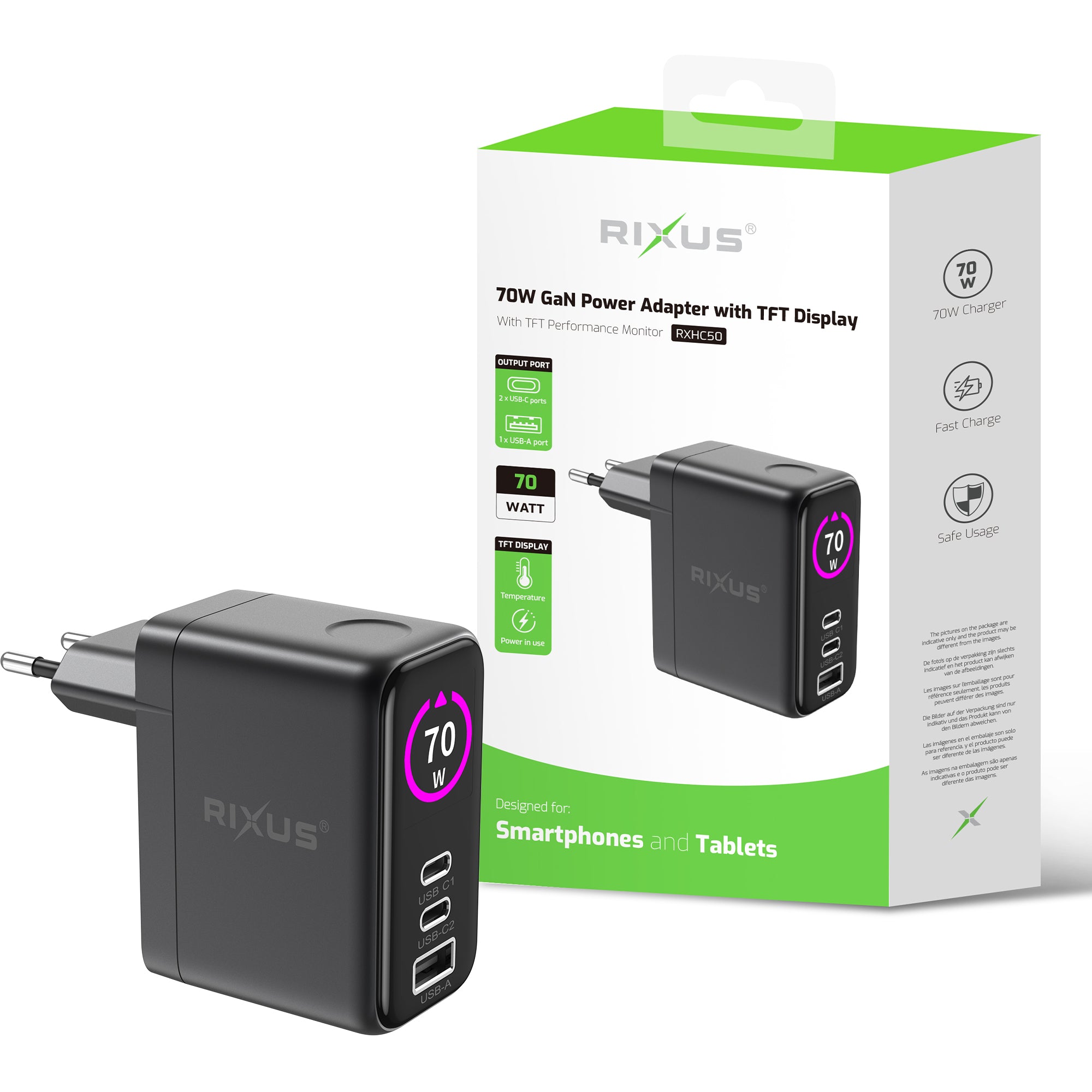 Adaptador de alimentação Rixus RXHC50 GaN com ecrã TFT 70 W cinzento espacial