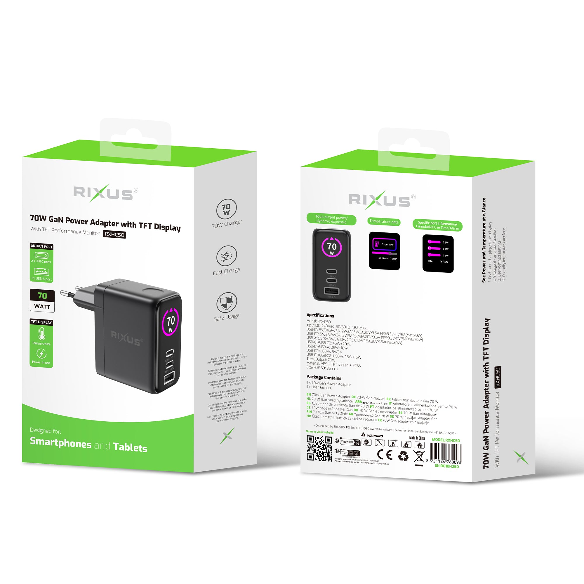 Adaptador de alimentação Rixus RXHC50 GaN com ecrã TFT 70 W cinzento espacial